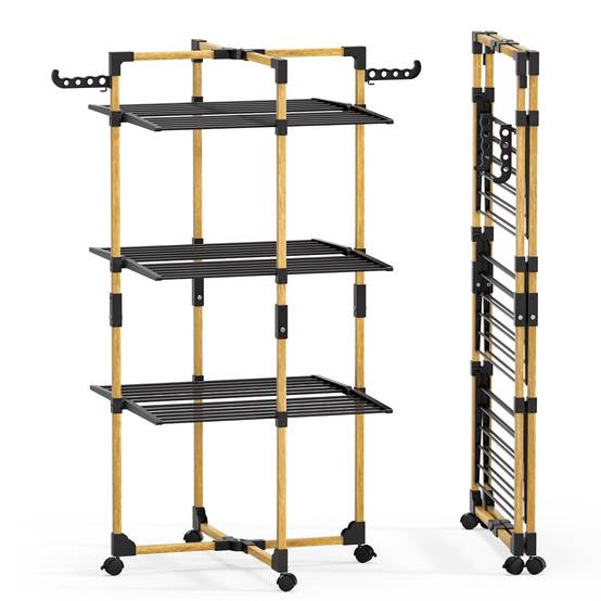 Vounot - Séchoir à linge tour pliable 99x69x135,5cm, Étendoir 3 niveaux grande capacité avec roulettes, 25m d’étendage, Noir, VOUNOT® - Image 1