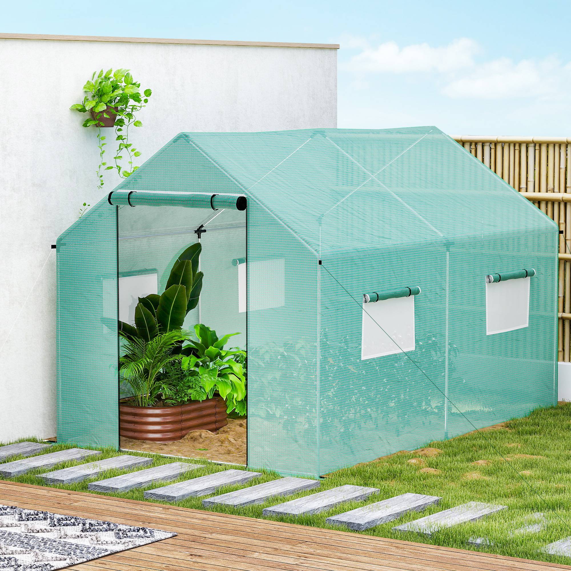 Outsunny - Serre de jardin tunnel 2x3m 6m² porte enroulable, 4 fenêtres Acier galvanisé PE HD Vert - Outsunny - Image 4
