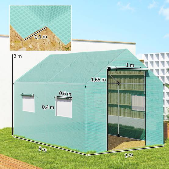Outsunny - Serre de jardin tunnel 2x3m 6m² porte enroulable, 4 fenêtres Acier galvanisé PE HD Vert - Outsunny - Image 3