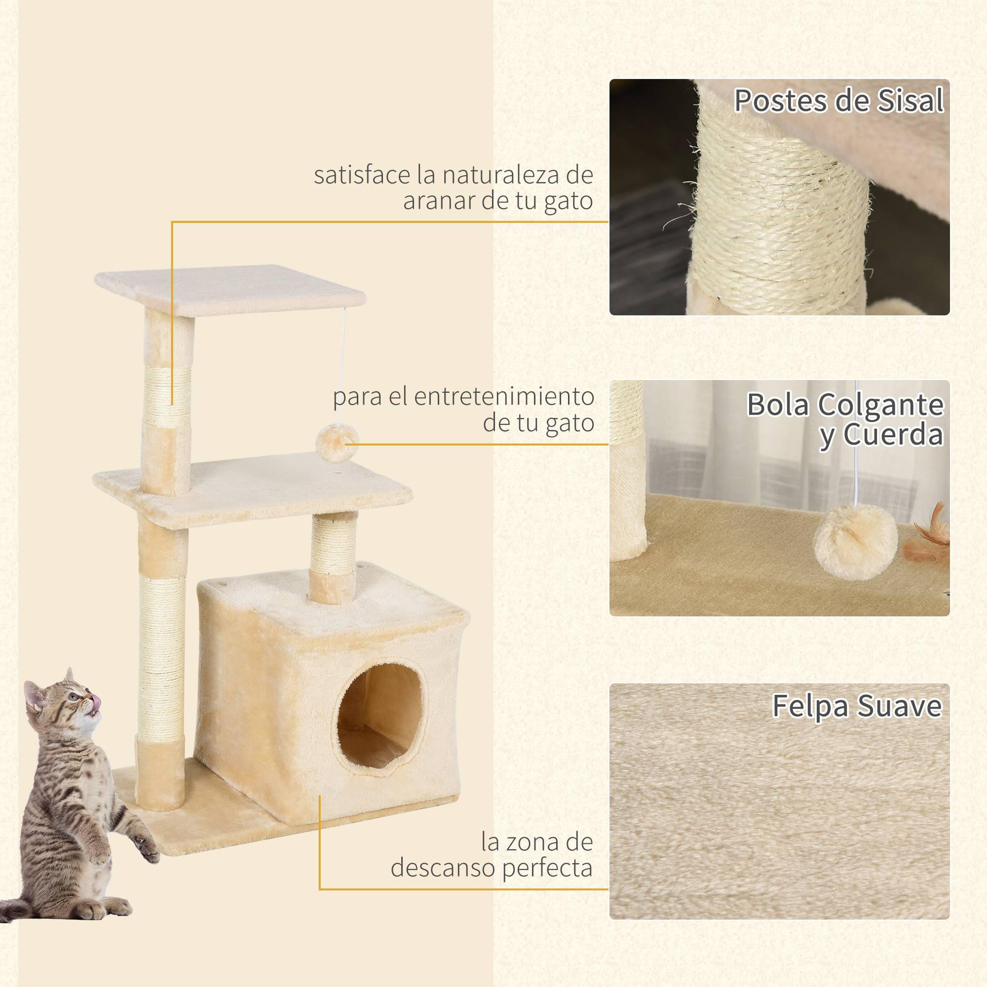 Arbre à Chat Design en Sisal et Peluche avec Niche Plateformes et Jouet Suspendu 81,5 cm Beige - ComfortXL Outdoor Living - Image 7