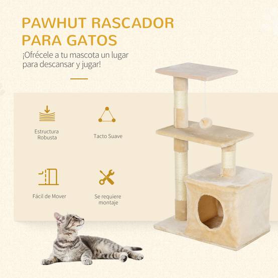 Arbre à Chat Design en Sisal et Peluche avec Niche Plateformes et Jouet Suspendu 81,5 cm Beige - ComfortXL Outdoor Living - Image 6