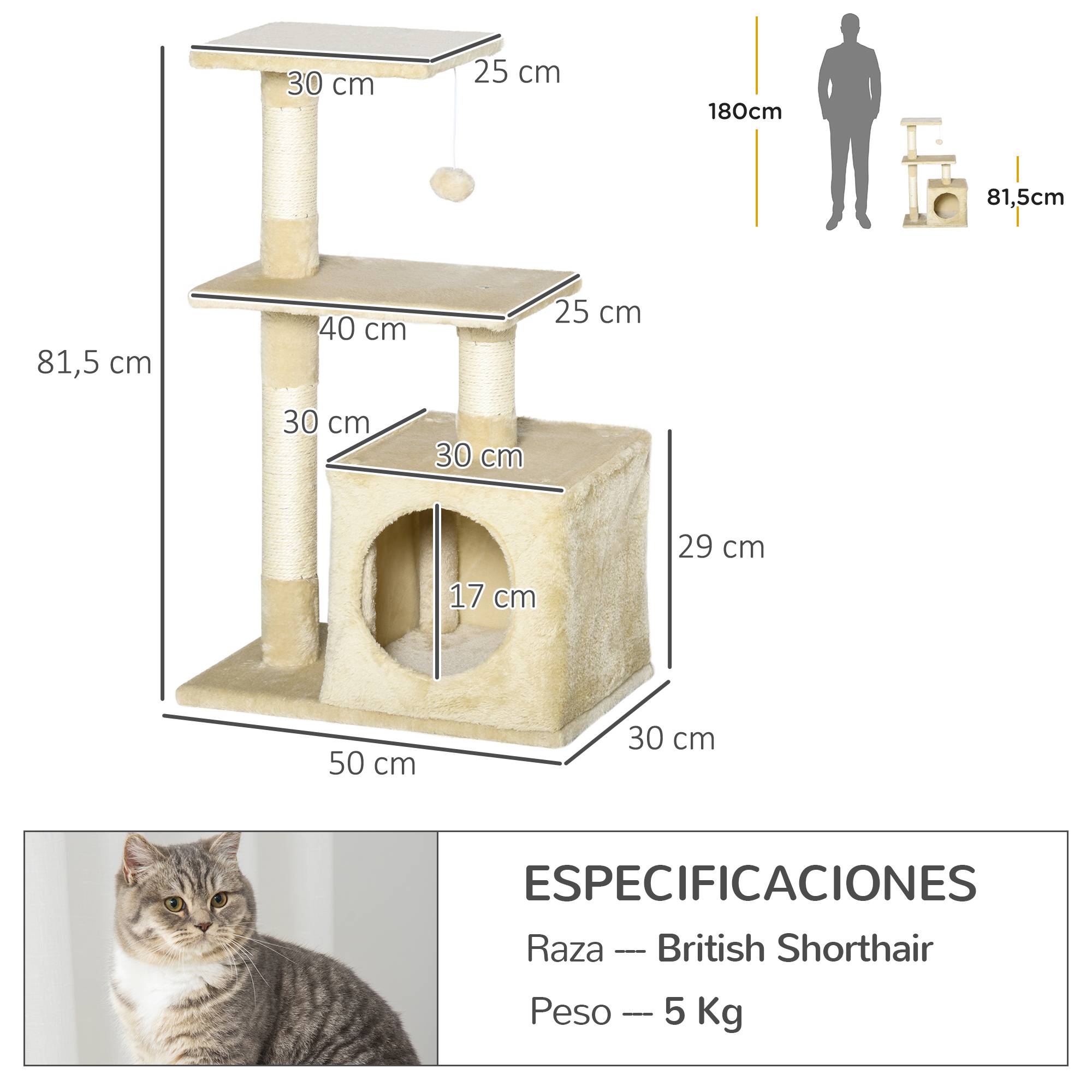 Arbre à Chat Design en Sisal et Peluche avec Niche Plateformes et Jouet Suspendu 81,5 cm Beige - ComfortXL Outdoor Living - Image 5