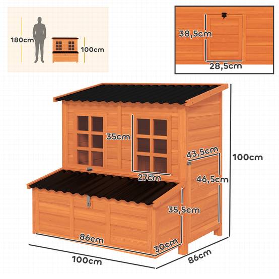 Poulailler avec nichoir pour 3-4 poules, toit étanche, sapin et plastique,100 x 86 x 100 cm orange - Image 5