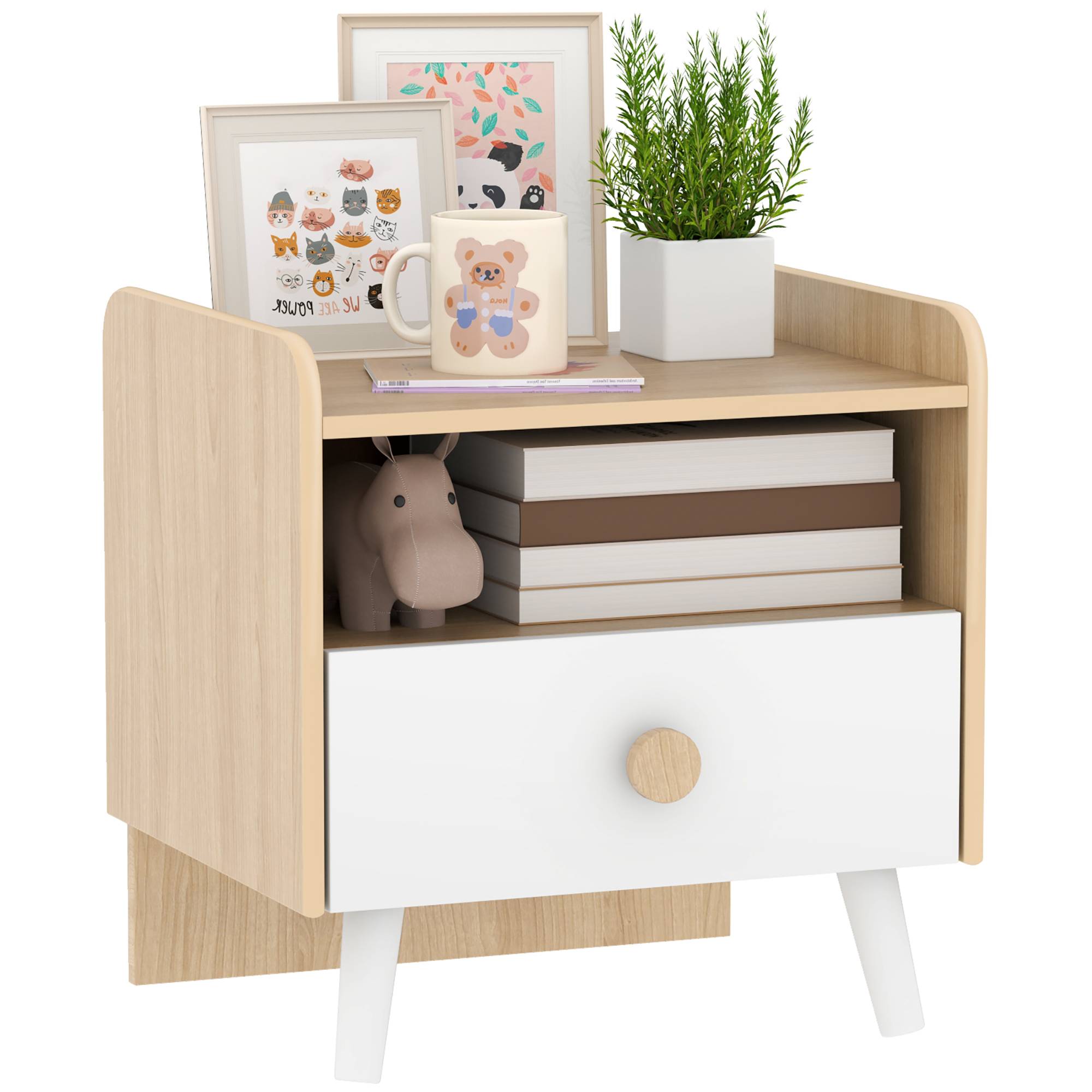 Sans Marque - Table de chevet avec tiroir pour enfants de 3 à 10 ans, en bois et pin, 40 x 32,5 x 40 cm, blanche - Image 1