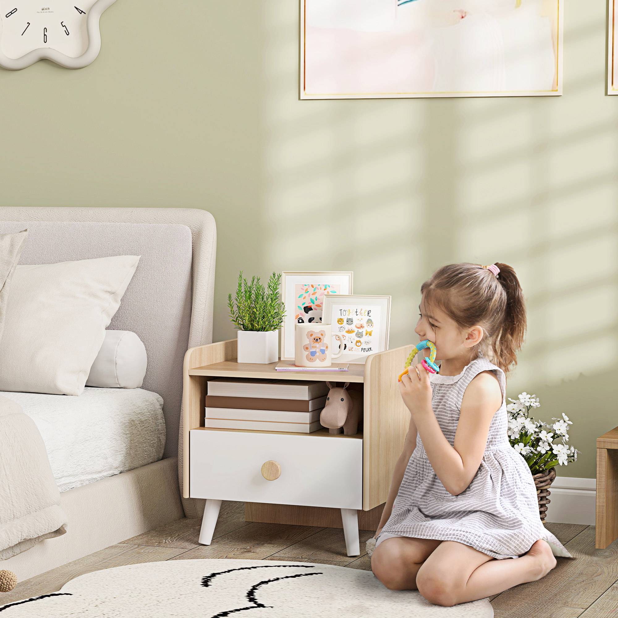 Sans Marque - Table de chevet avec tiroir pour enfants de 3 à 10 ans, en bois et pin, 40 x 32,5 x 40 cm, blanche - Image 3