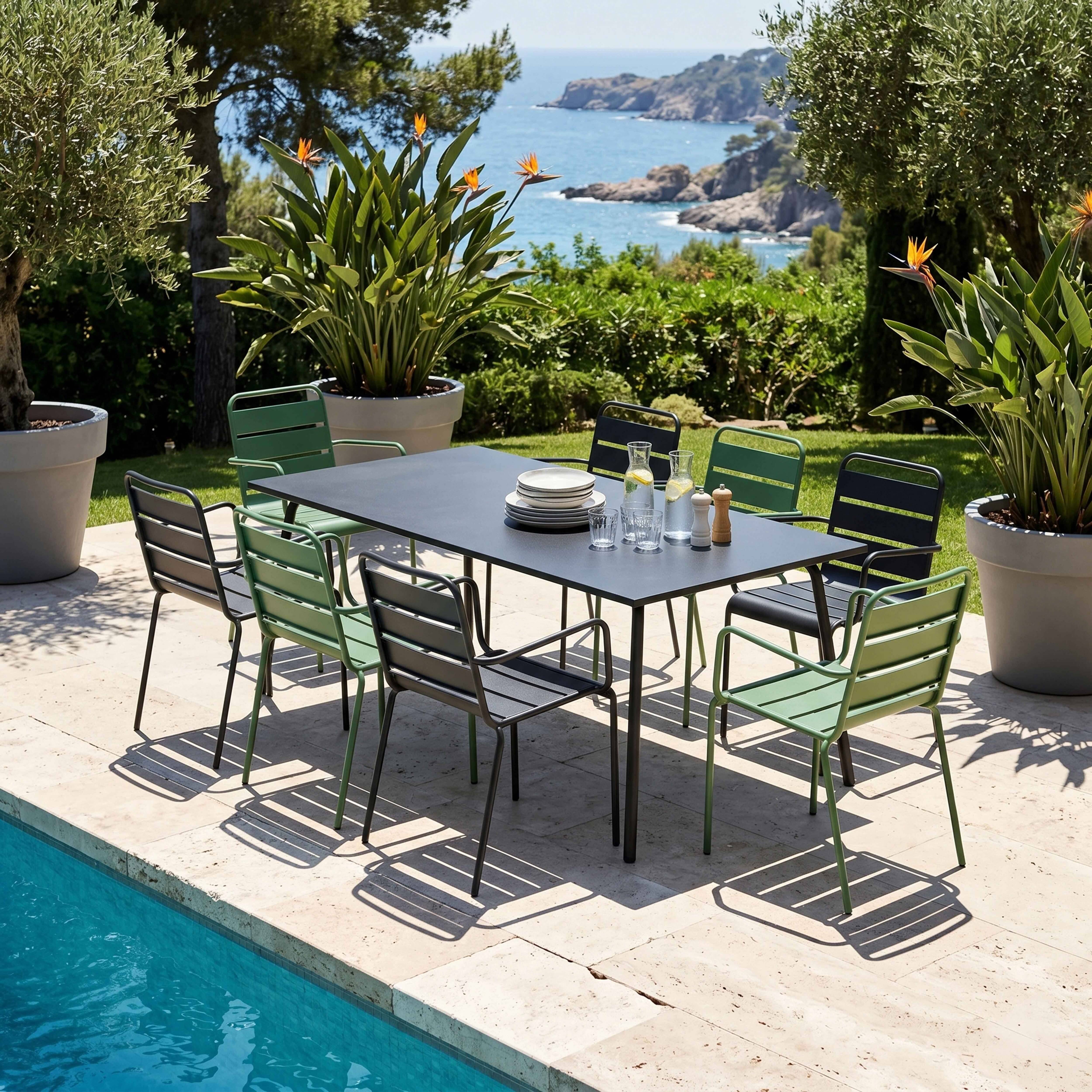 Oviala - Ensemble table de jardin et 8 fauteuils en métal vert cactus et gris Palavas - Oviala - Imagen 2