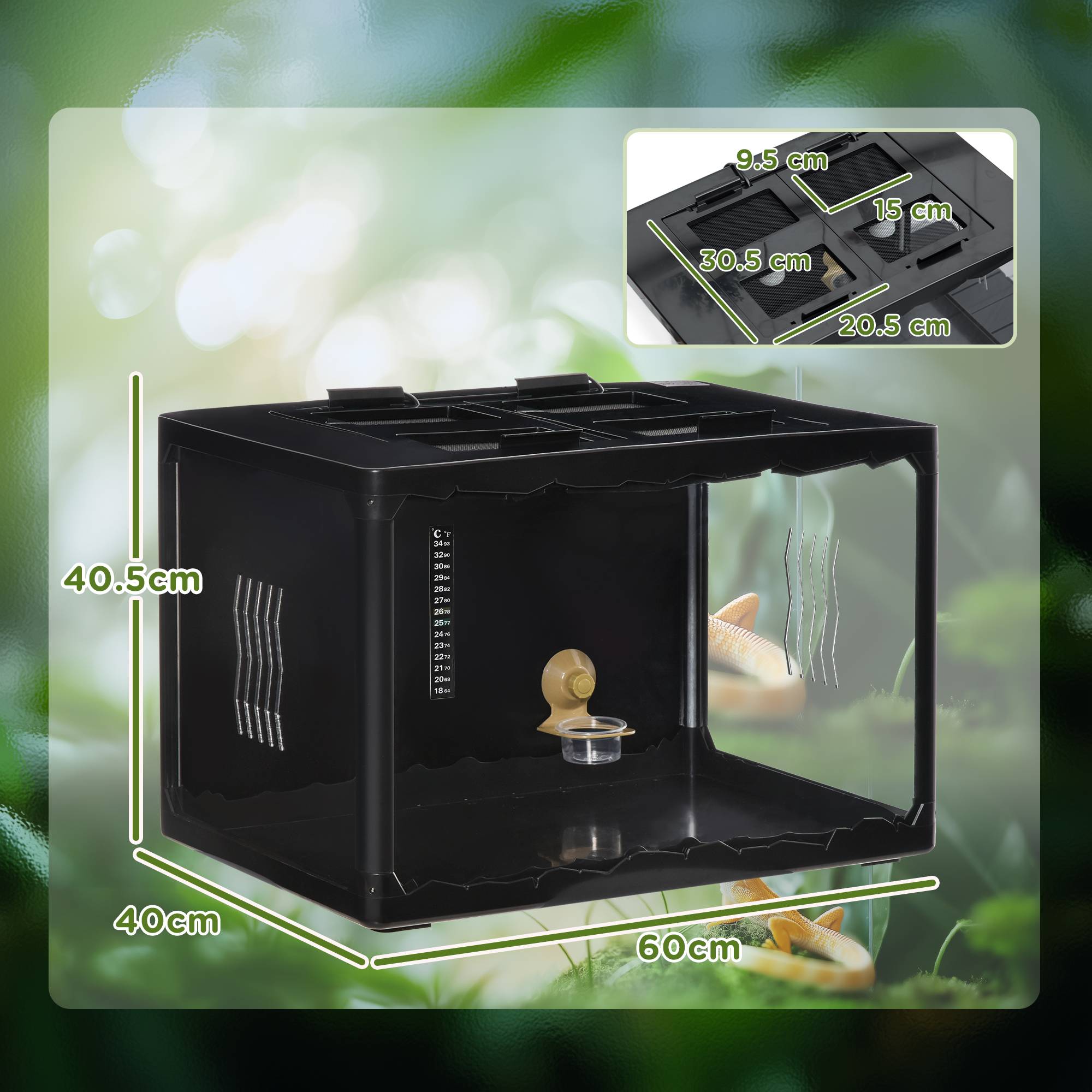 Terrarium tortue terrestre & reptile 60×40×40,5cm noir, thermomètre plage 18-34℃ - Image 5