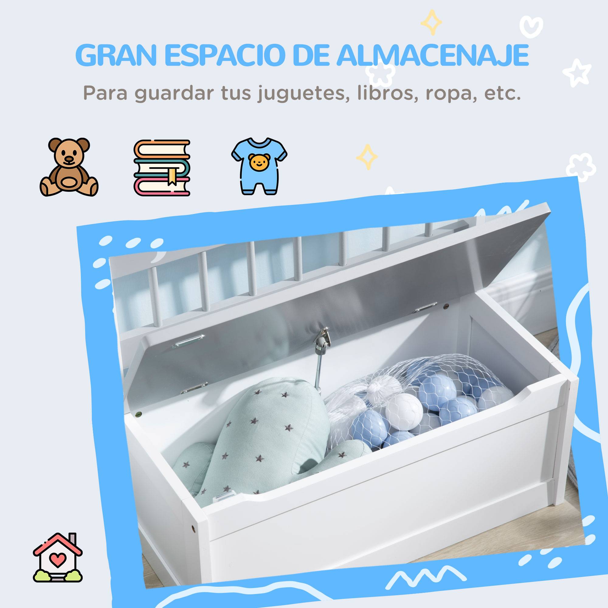 Coffre de Rangement Jouets en Bois 2 Compartiments avec Roulettes et Poignée, Étagère Mobile Enfant, 40 x 43 x 43 cm, Blanc/Naturel - Image 8