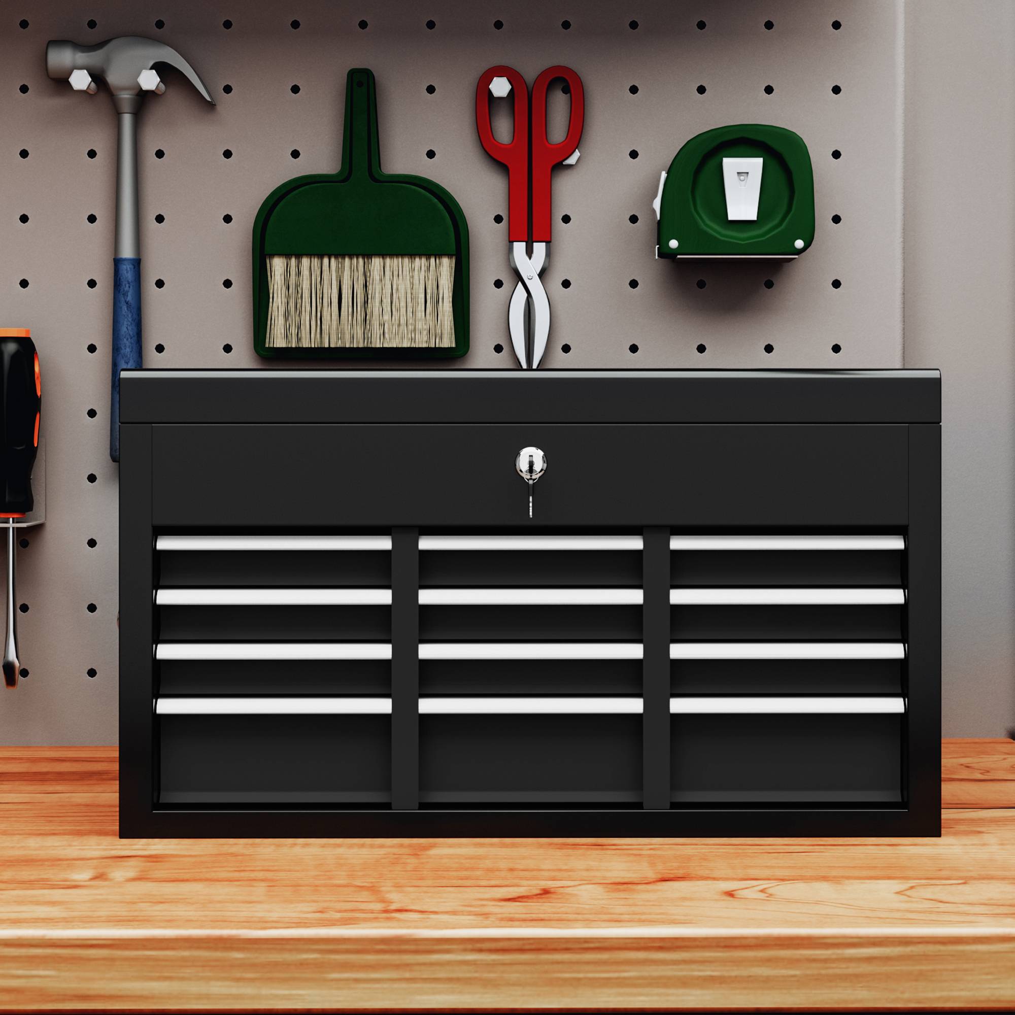 Sans Marque - Boîte à outils, verrouillable, 3 tiroirs, boîtier en acier, 60x26x34cm, noir - Image 9