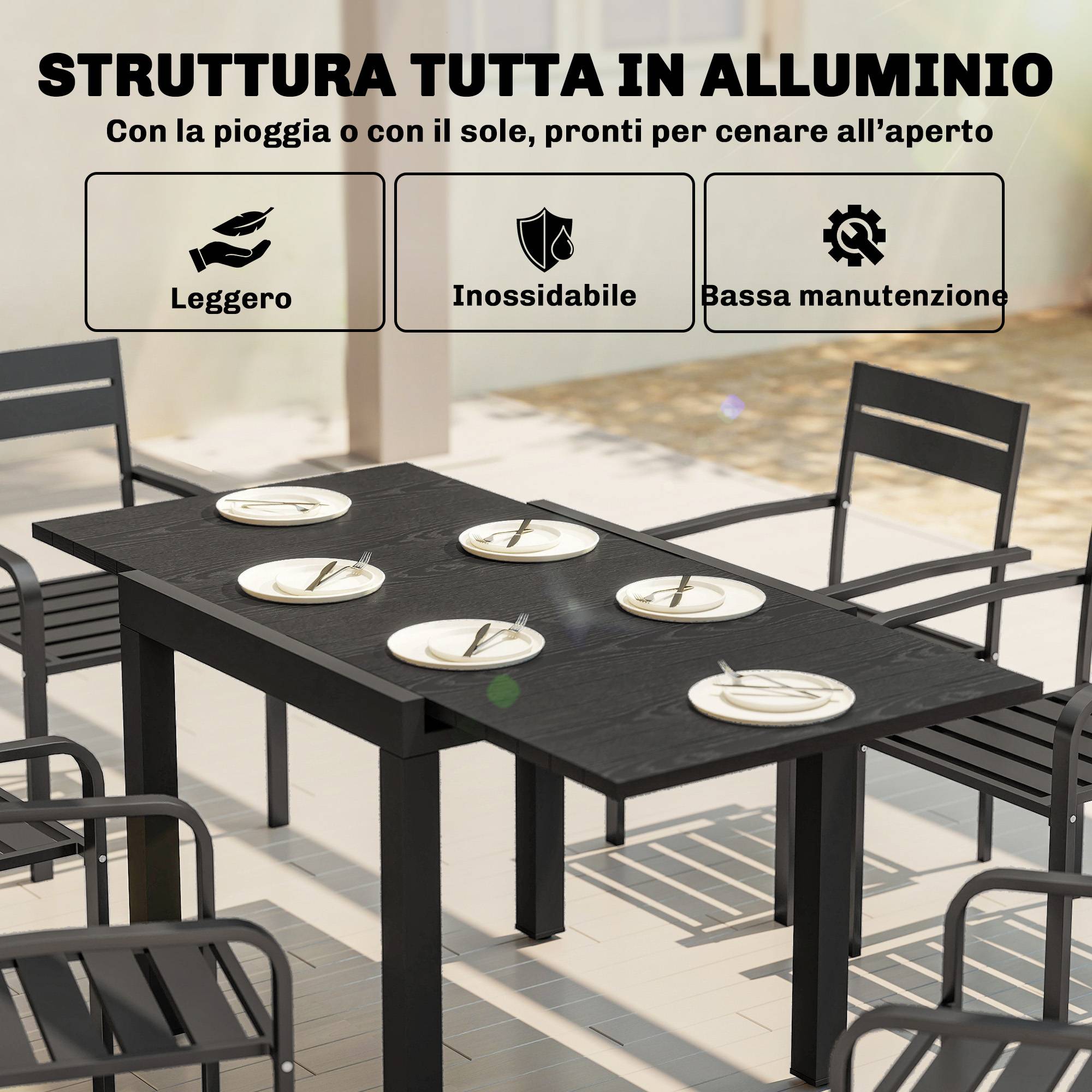 Table de jardin extensible aluminium terrasse 4 à 6 personnes effet bois 160cm noir - ComfortXL Outdoor Living - Image 7