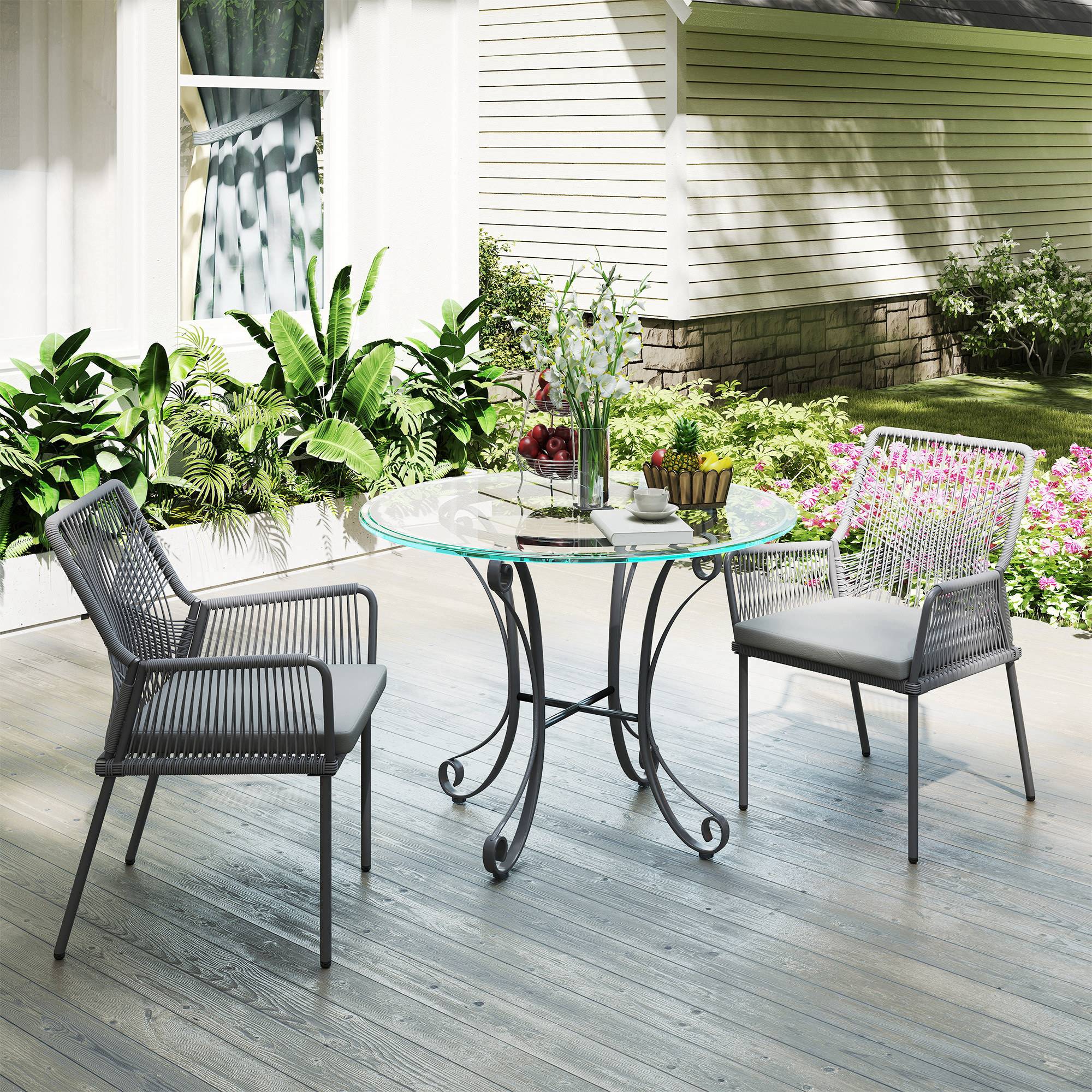 Lot de 2 chaises de jardin en rotin et acier, coussins lavables, accoudoirs et dossier, Gris foncé - Image 9
