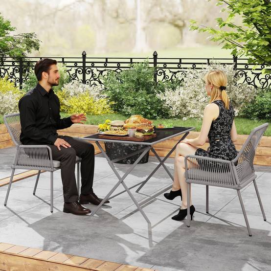 Lot de 2 chaises de jardin en rotin et acier, coussins lavables, accoudoirs et dossier, Gris foncé - Image 2