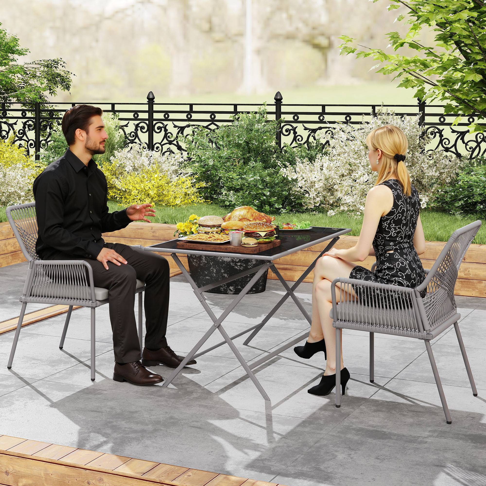 Lot de 2 chaises de jardin en rotin et acier, coussins lavables, accoudoirs et dossier, Gris foncé - Image 2