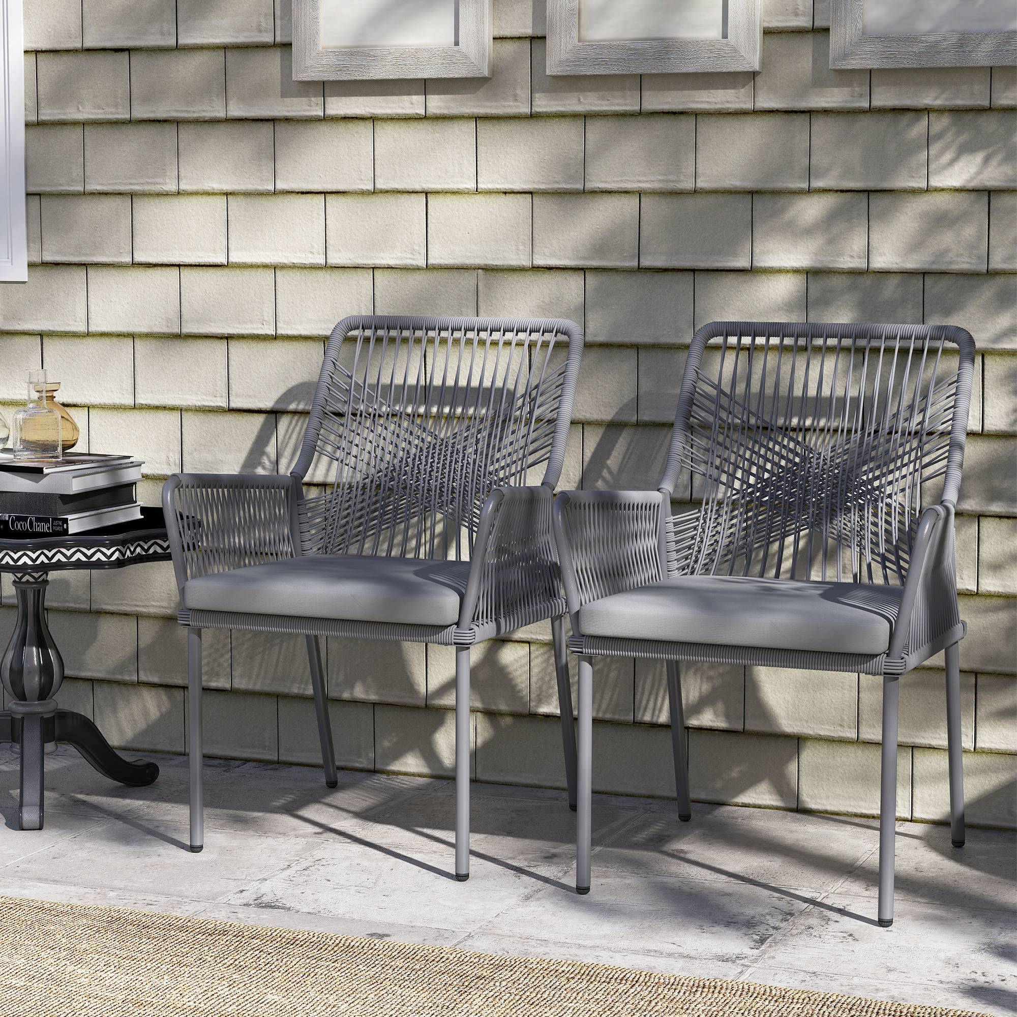Lot de 2 chaises de jardin en rotin et acier, coussins lavables, accoudoirs et dossier, Gris foncé - Image 8