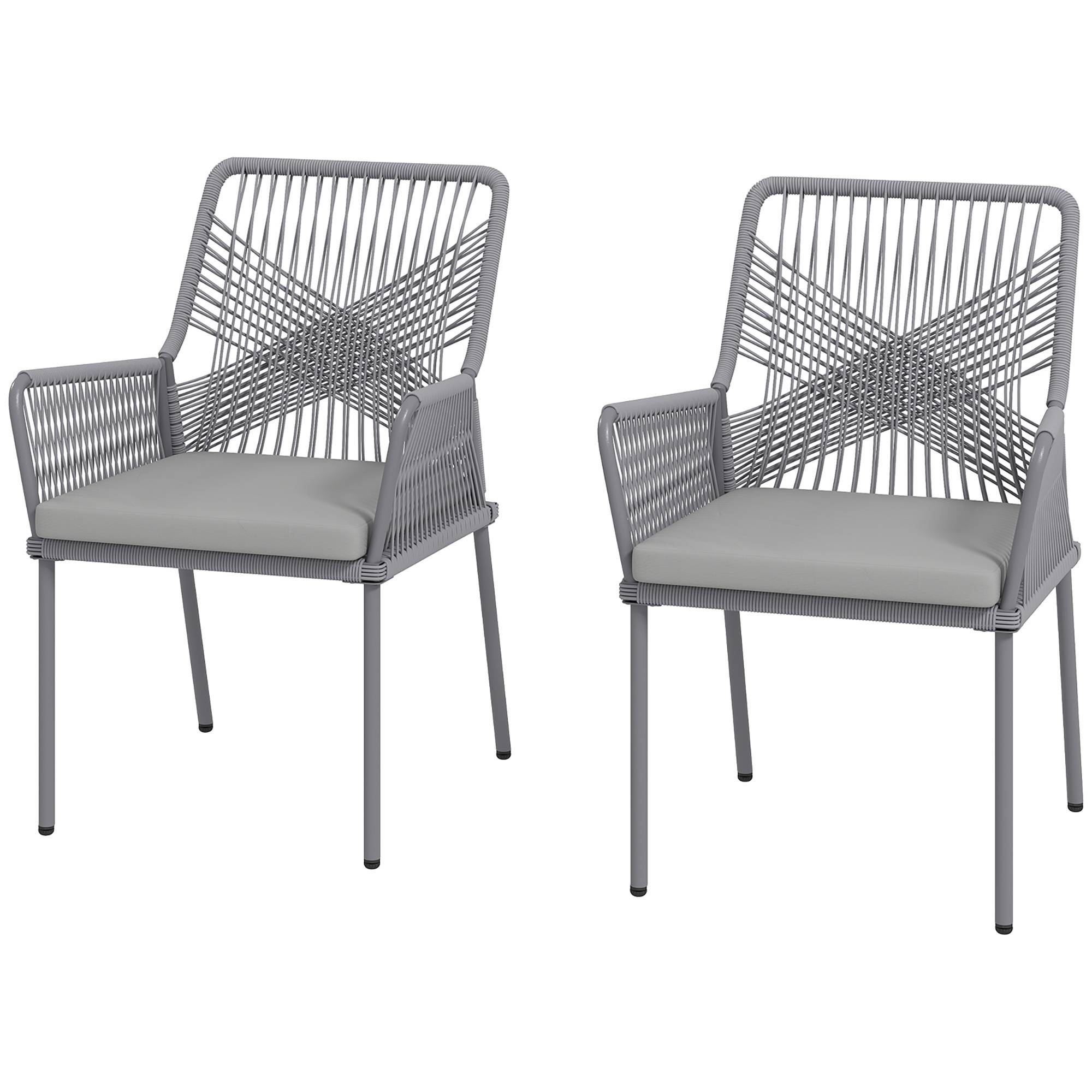 Lot de 2 chaises de jardin en rotin et acier, coussins lavables, accoudoirs et dossier, Gris foncé