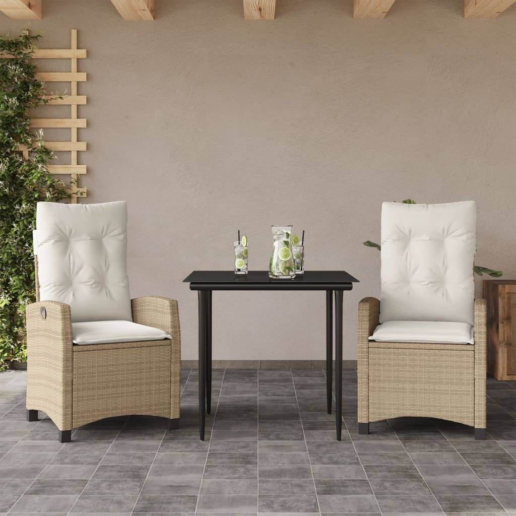 Salon de Jardin 2 Personnes Résine Tressée Beige, Fauteuils Inclinables et Table Carrée Verre Noir – ComfortXL Outdoor Living - Image 1