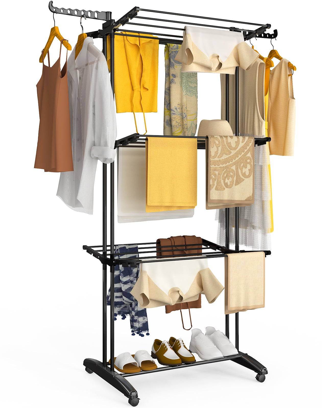 Vounot - Étendoir à linge pliable métal renforcée 125x62x173cm, Séchoir 4 niveaux grande capacité avec roulettes, Noir, VOUNOT® - Image 1