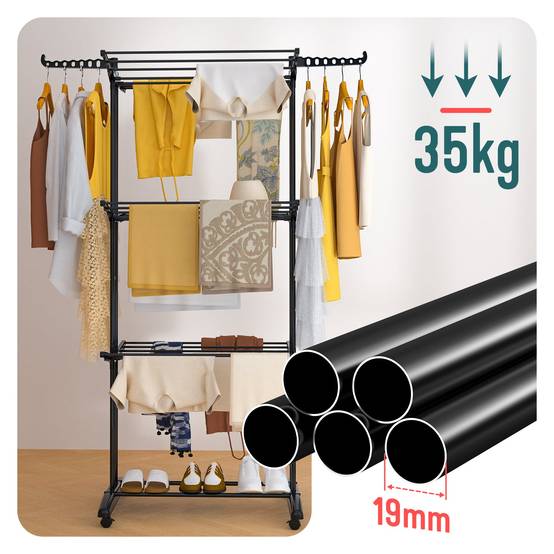 Vounot - Étendoir à linge pliable métal renforcée 125x62x173cm, Séchoir 4 niveaux grande capacité avec roulettes, Noir, VOUNOT® - Image 7