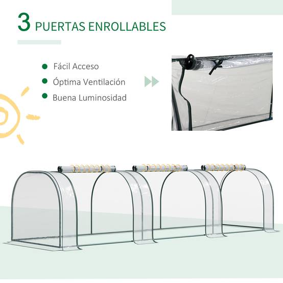 Mini Serre de Forçage Horizontale Acier pour Potager au Sol 3 Portes 350x100x80 cm Transparent - ComfortXL Outdoor Living - Image 8