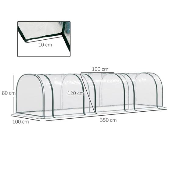Mini Serre de Forçage Horizontale Acier pour Potager au Sol 3 Portes 350x100x80 cm Transparent - ComfortXL Outdoor Living - Image 5
