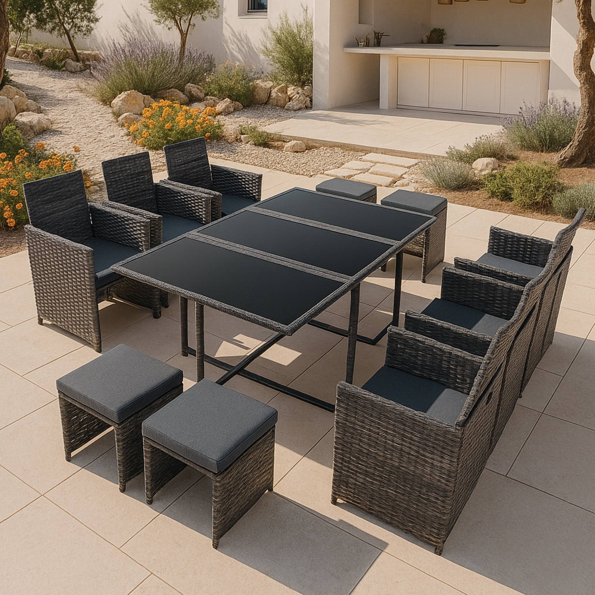 Salon de Jardin Laredo Acier Polyrotin Gris Chiné Coussins Gris Foncé [en.casa] - Imagen 1