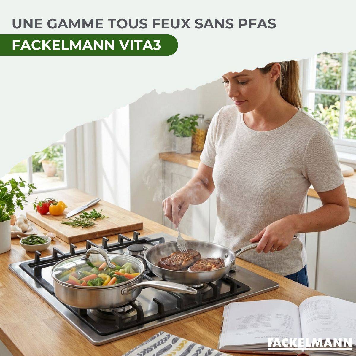 Set de 2 poêles de cuisson 24/24 cm en acier inoxydable avec 1 couvercle de cuisson universel Fackelmann Vita3 - Image 2