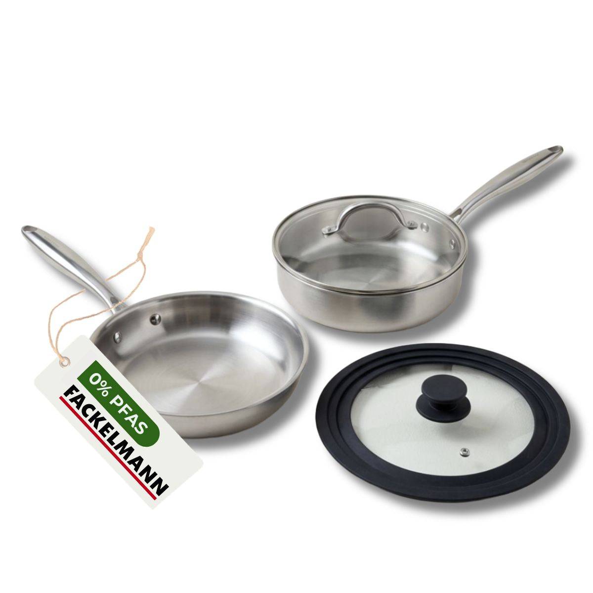 Set de 2 poêles de cuisson 24/24 cm en acier inoxydable avec 1 couvercle de cuisson universel Fackelmann Vita3 - Image 1