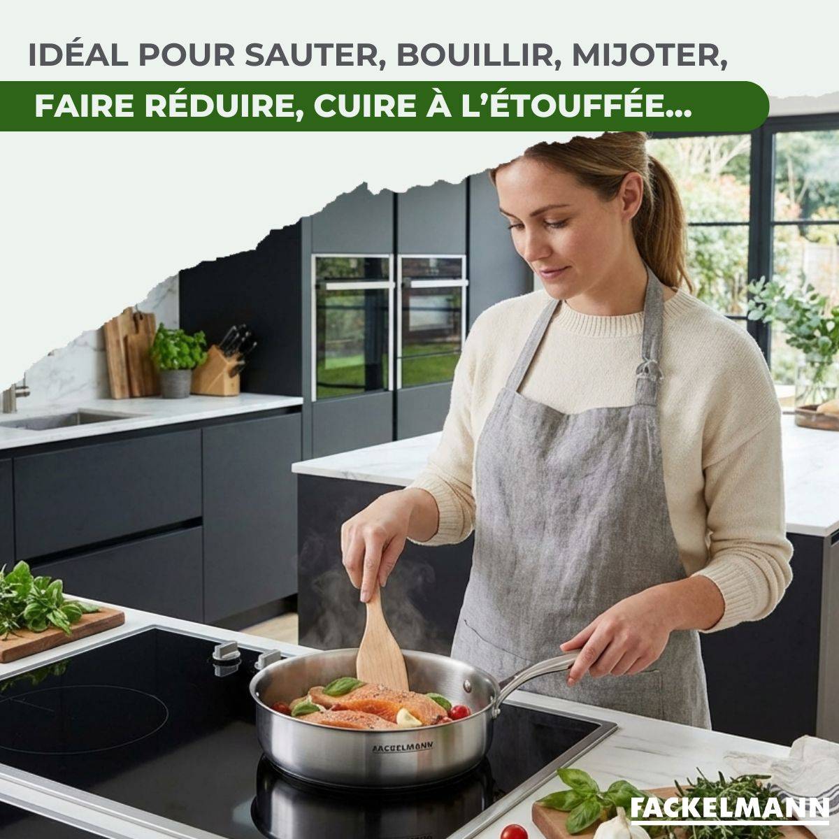 Set de 2 poêles de cuisson 24/24 cm en acier inoxydable avec 1 couvercle de cuisson universel Fackelmann Vita3 - Image 5