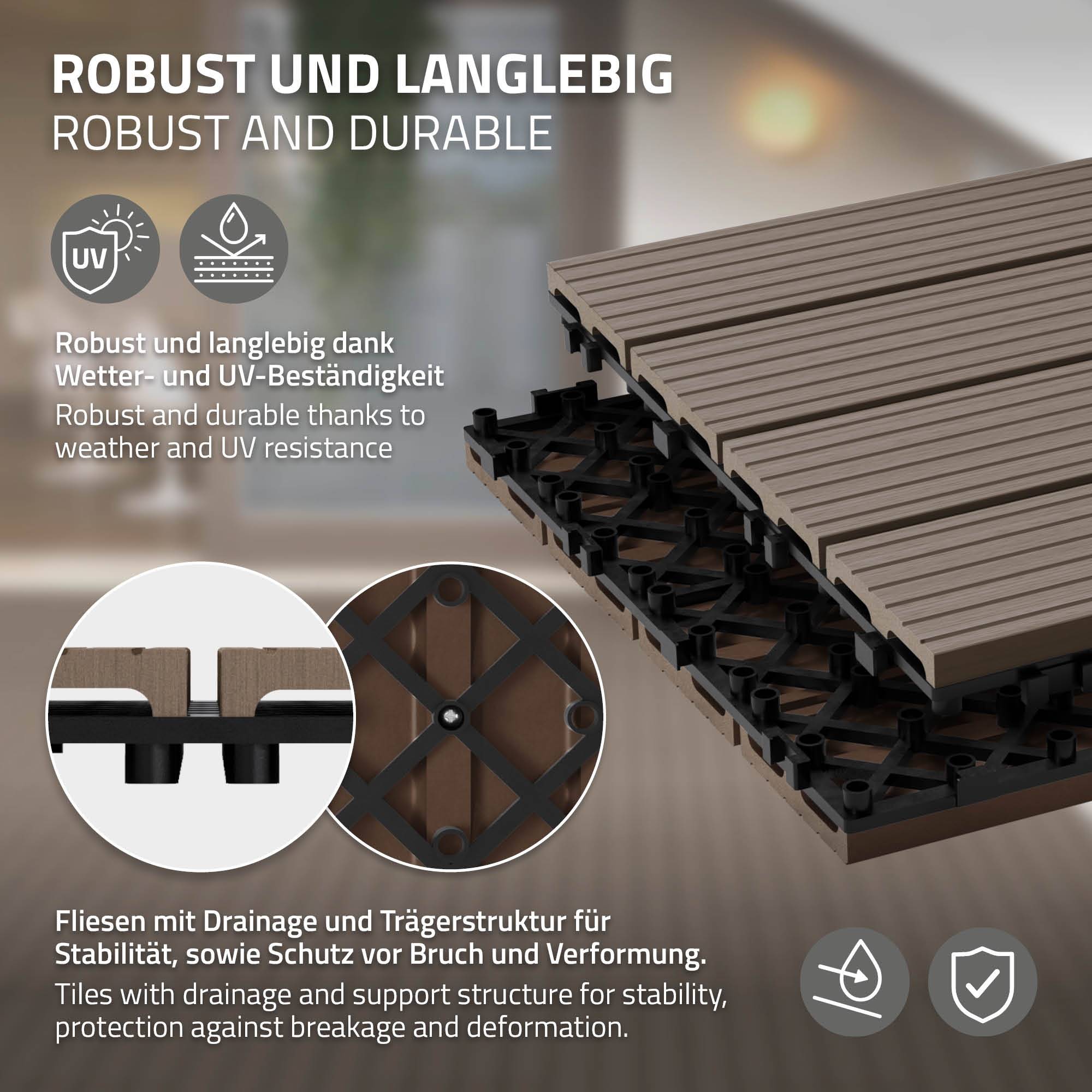 Ecd-Germany - Carreaux terrasse dalles 60x30 cm 1 m² aspect bois marron foncé - Imagen 3