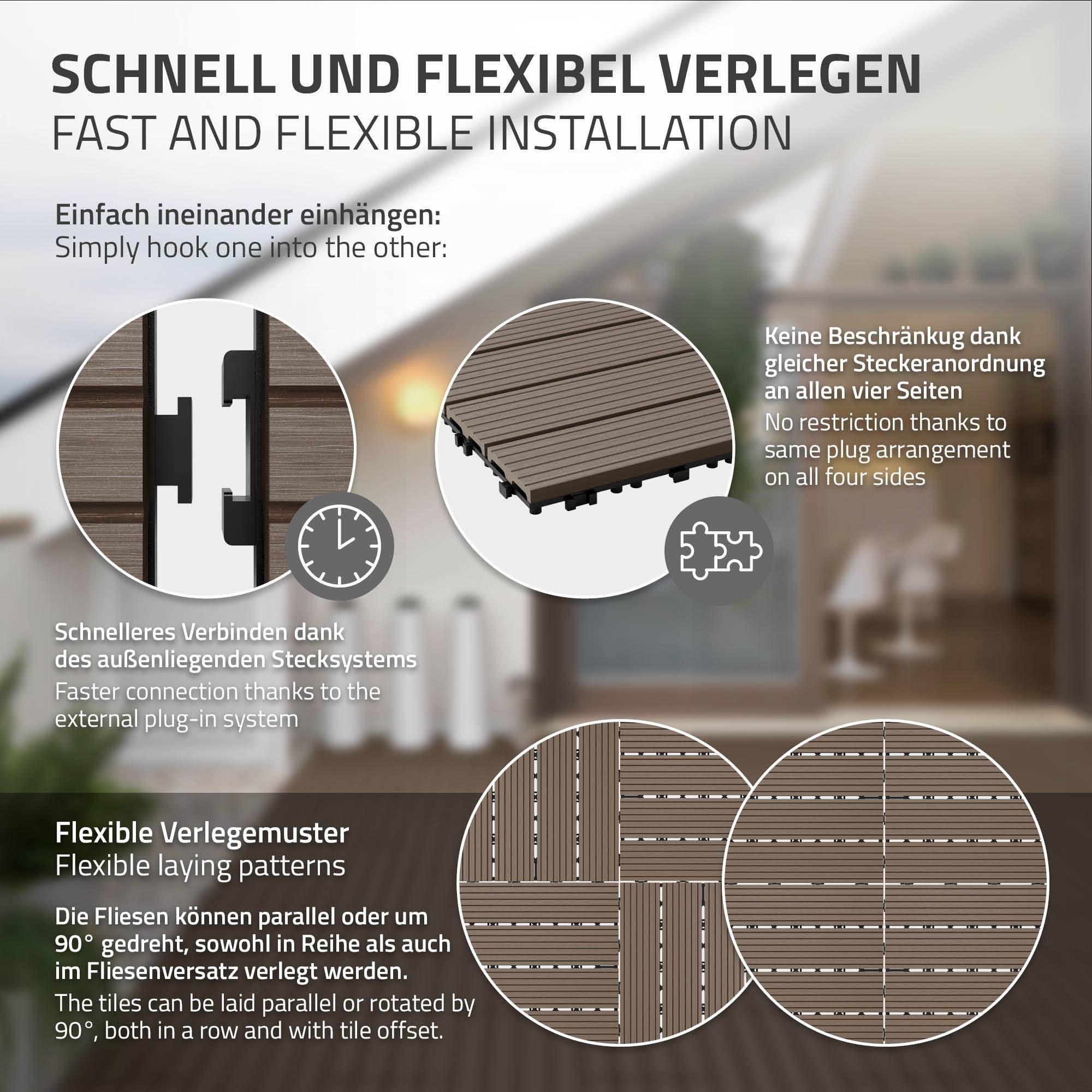 Ecd-Germany - Carreaux terrasse dalles 60x30 cm 1 m² aspect bois marron foncé - Imagen 5