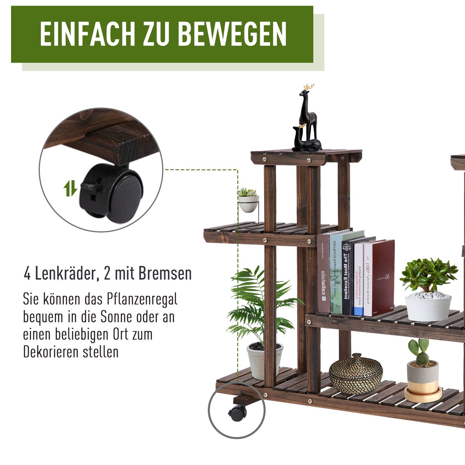 Étagère à fleurs bois sapin pour terrasse 6 tablettes avec 4 roulettes 123x33x80cm marron - ComfortXL Outdoor Living - Image 8