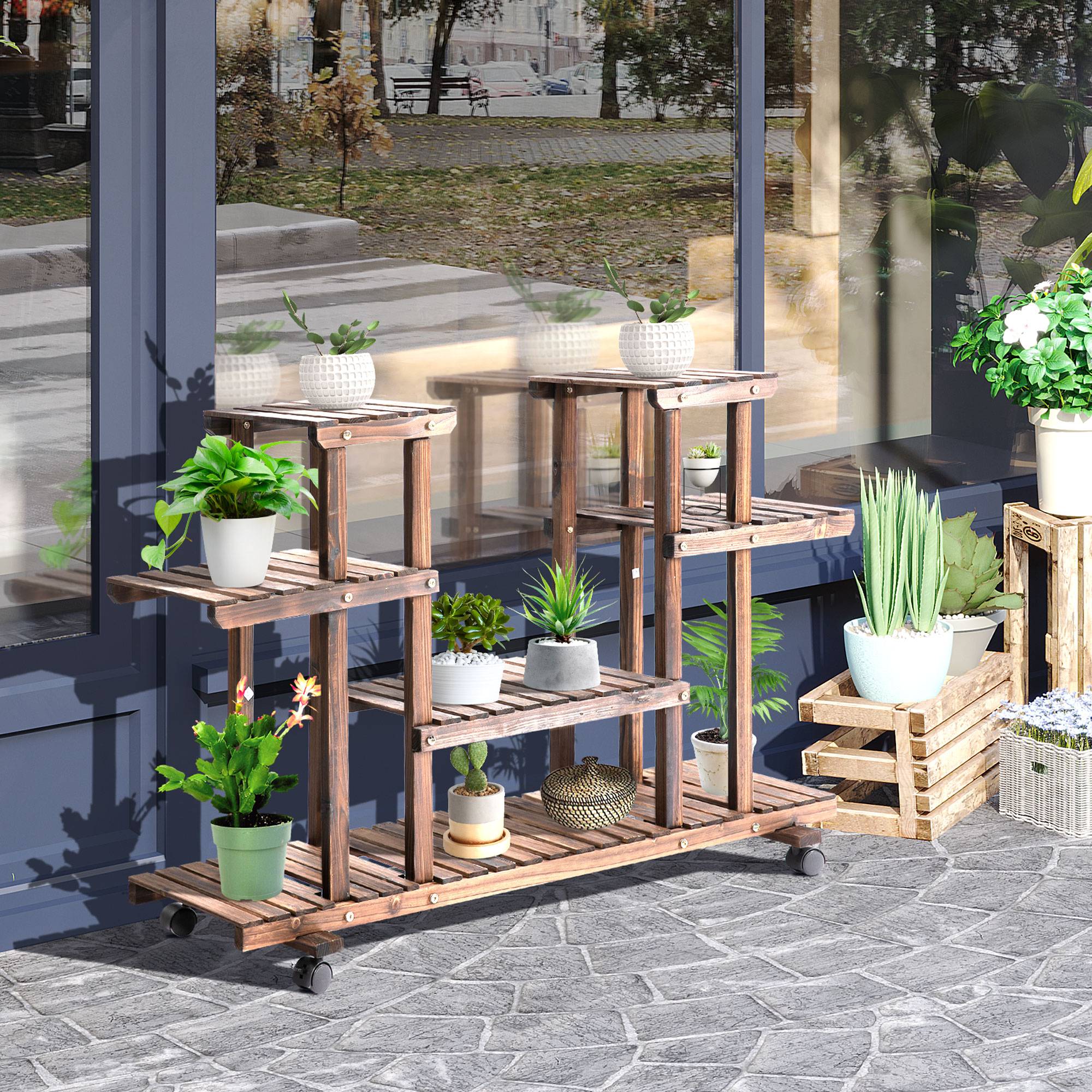Étagère à fleurs bois sapin pour terrasse 6 tablettes avec 4 roulettes 123x33x80cm marron - ComfortXL Outdoor Living - Image 4