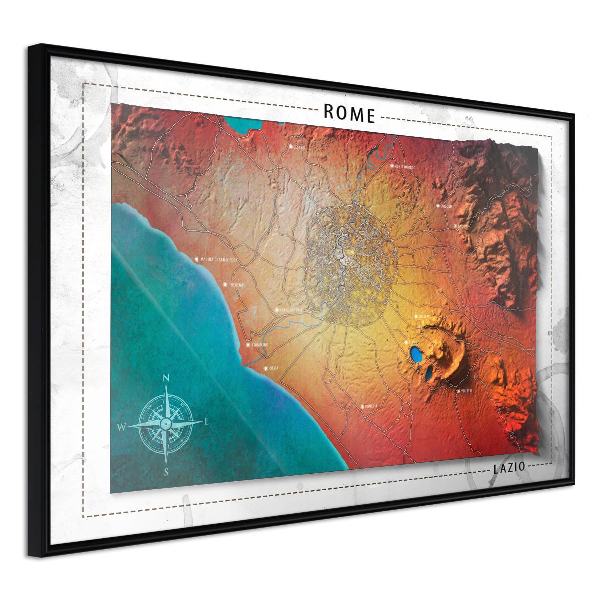 Affiche Murale Encadrée "Raised Relief Map Rome" 30 x 20 cm Noir
