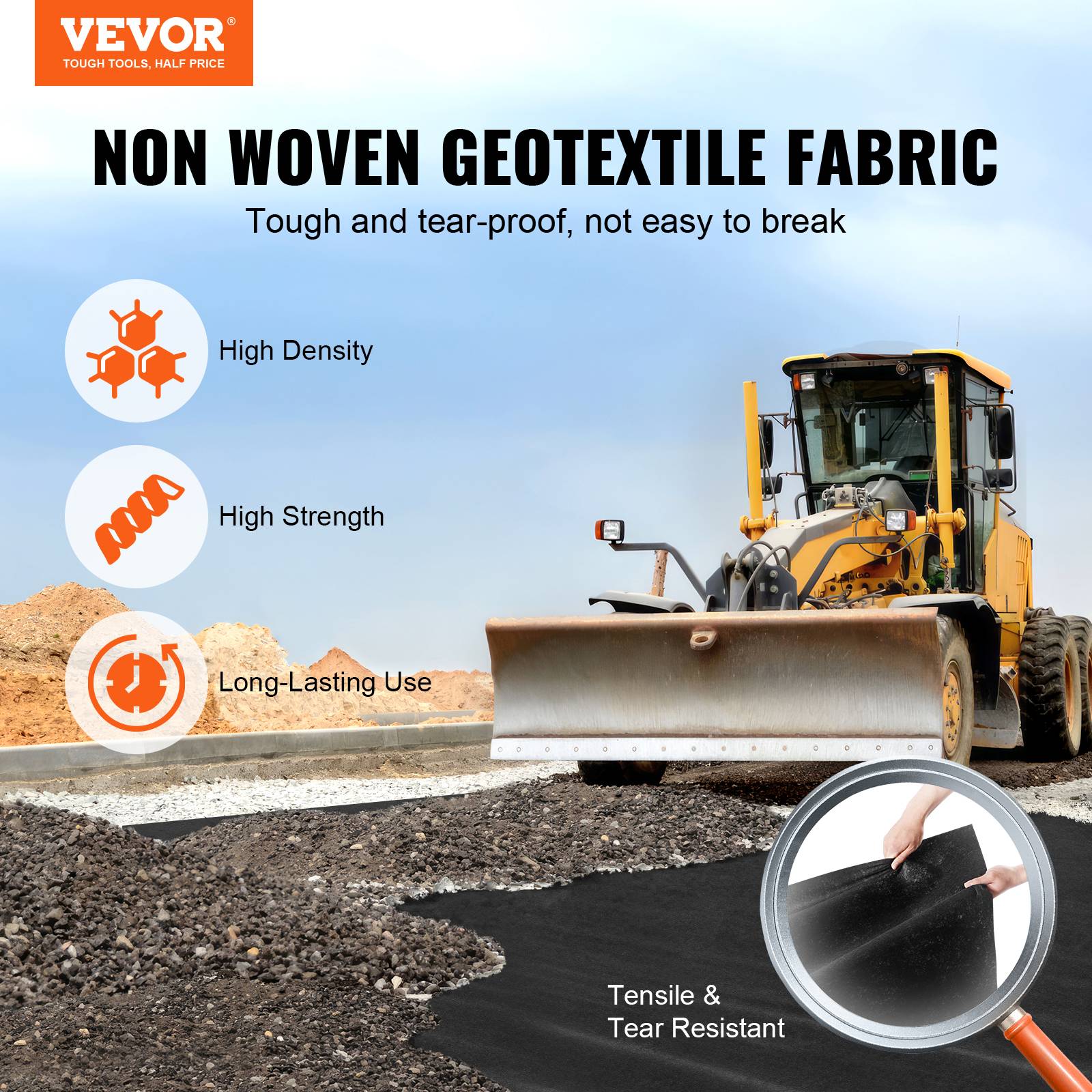 VEVOR Géotextile non tissé 1x50m 150g/m², perméable/résistant, pour drainage/aménagement/couvre-sol, noir. - Image 2