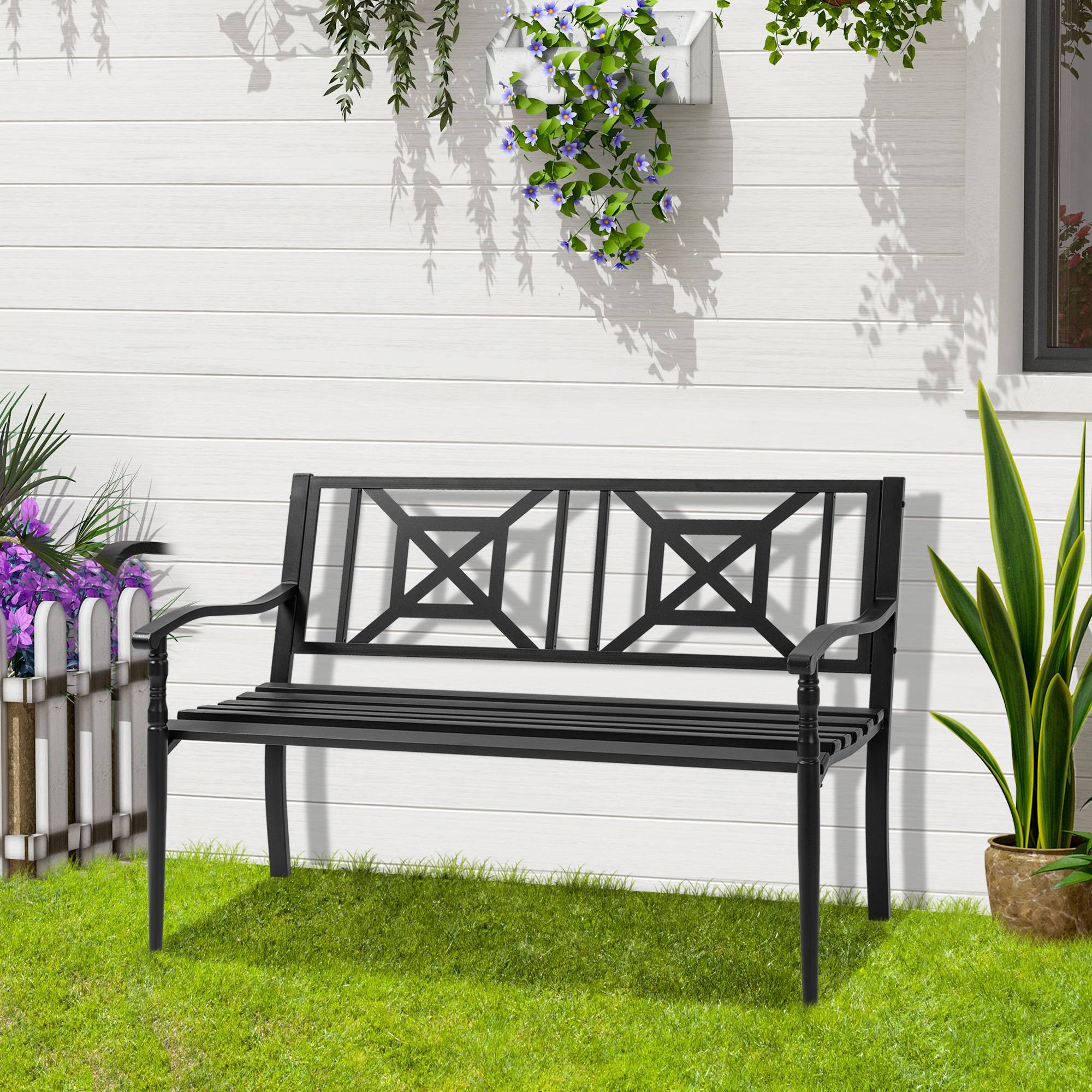 Outsunny - Banc de jardin 2 places style fer forgé piètement avant effilé accoudoirs courbés métal thermolaqué anticorrosion noir - Outsunny - Imagen 2