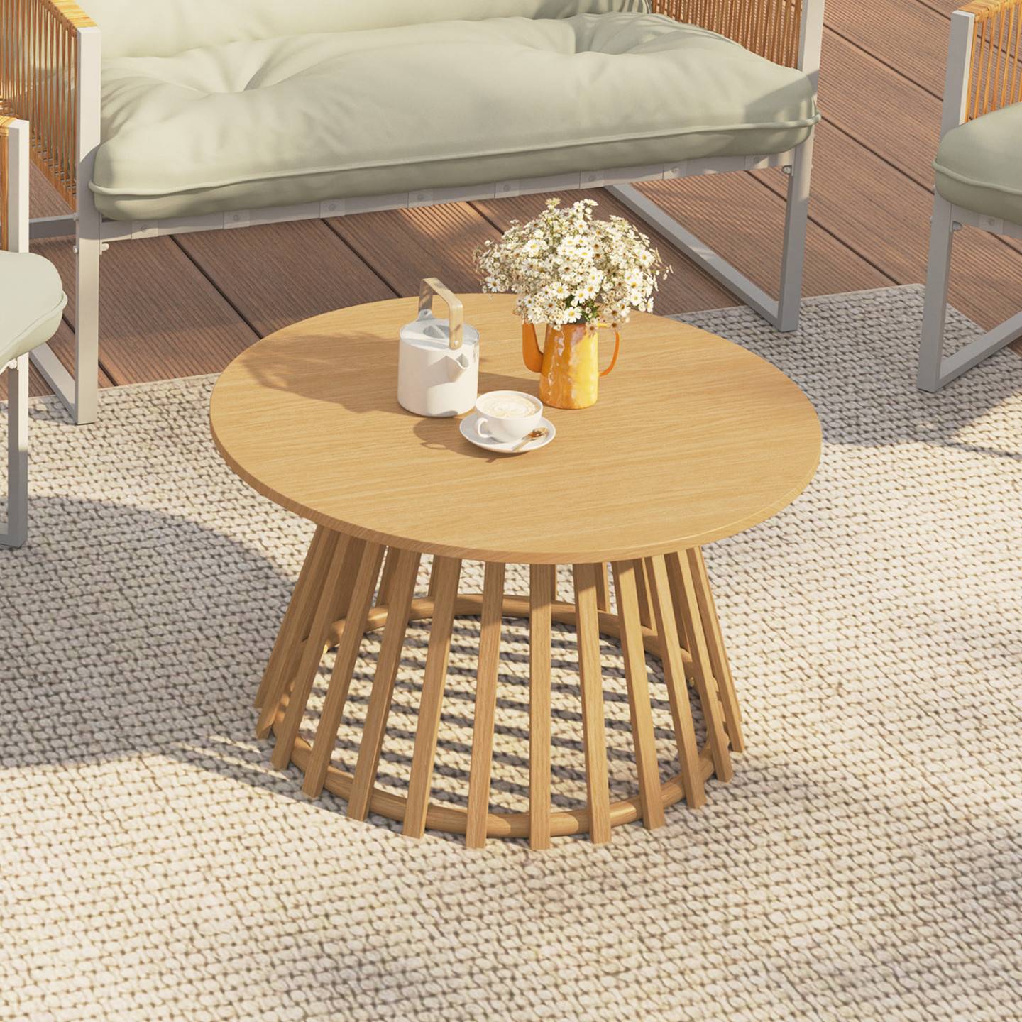 Table basse de jardin ronde 70 cm SOLAL avec pied lattes en métal effet bois - Image 1