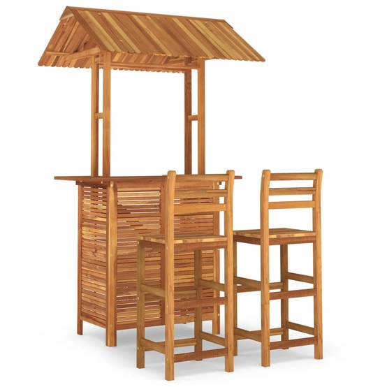 Bar de Jardin avec Toit et Tabourets 3 Pièces Bois d'Acacia Solide pour Ambiance Bistrot Tropicale Brun – ComfortXL Outdoor Living - Image 2