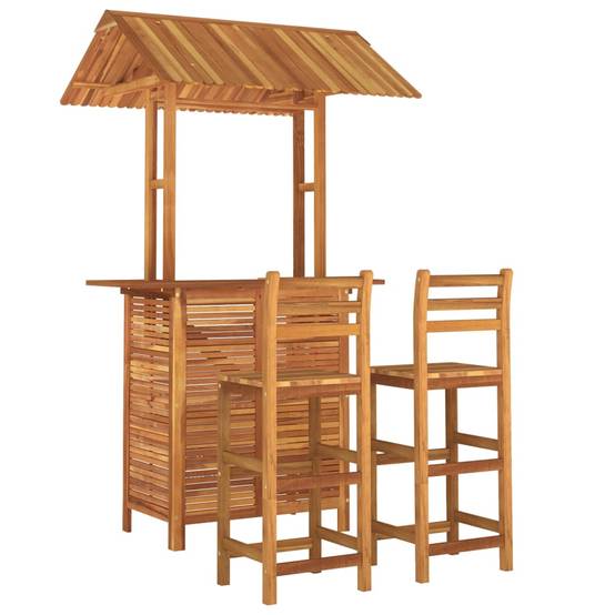 Bar de Jardin avec Toit et Tabourets 3 Pièces Bois d'Acacia Solide pour Ambiance Bistrot Tropicale Brun – ComfortXL Outdoor Living - Image 3