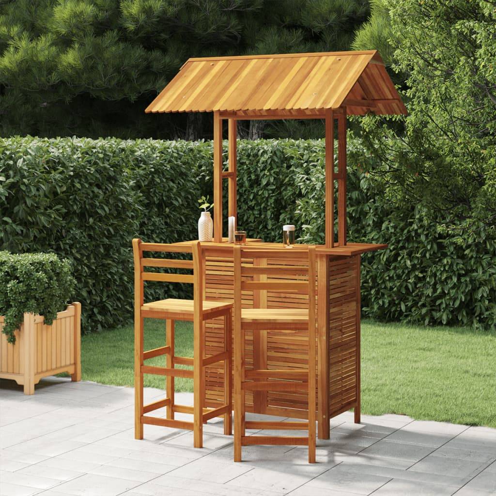 Bar de Jardin avec Toit et Tabourets 3 Pièces Bois d'Acacia Solide pour Ambiance Bistrot Tropicale Brun – ComfortXL Outdoor Living - Image 1
