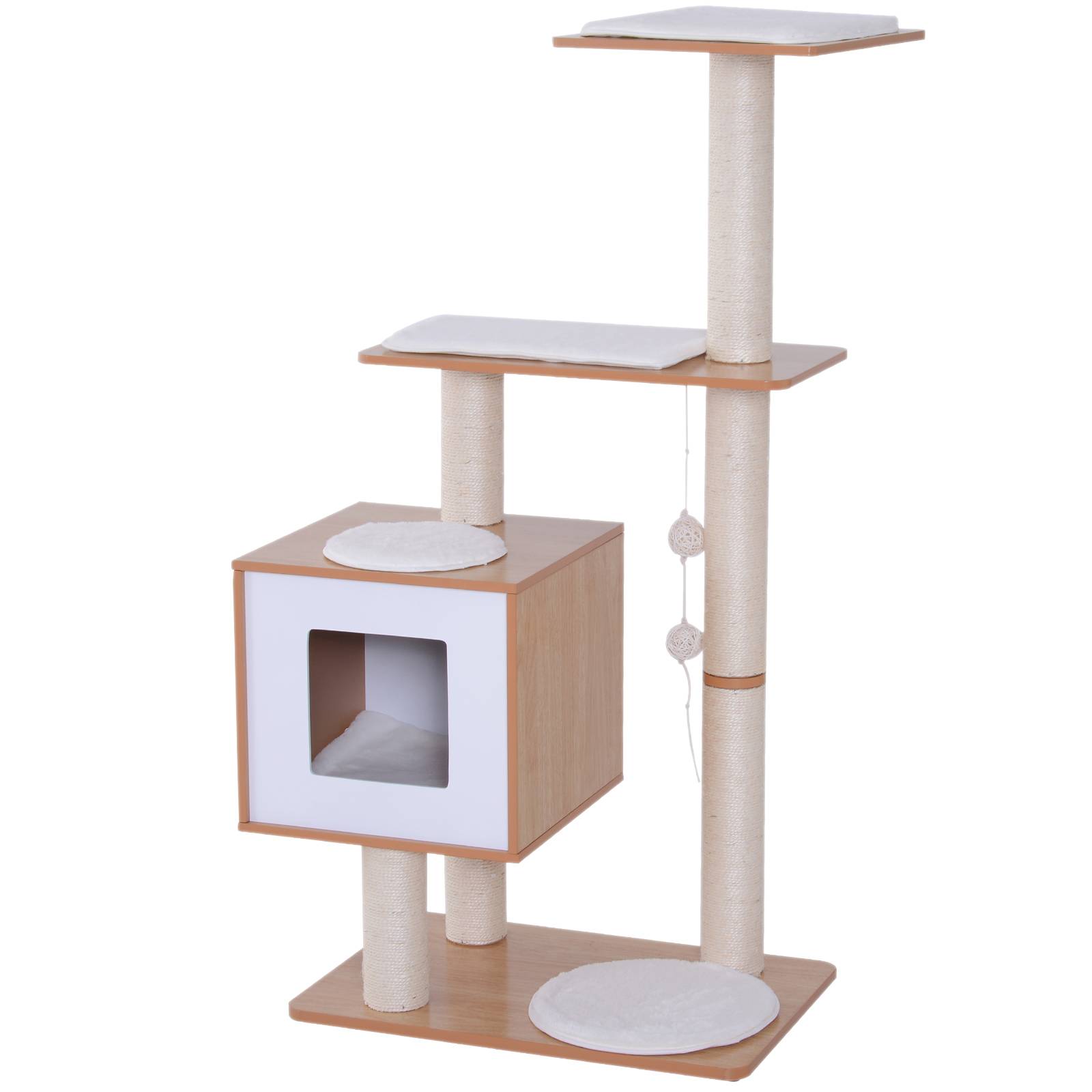 Arbre à chat griffoir bois 71,5x49,5x120 cm tour cachette plateformes griffoirs sisal coussins velours naturel - Image 2