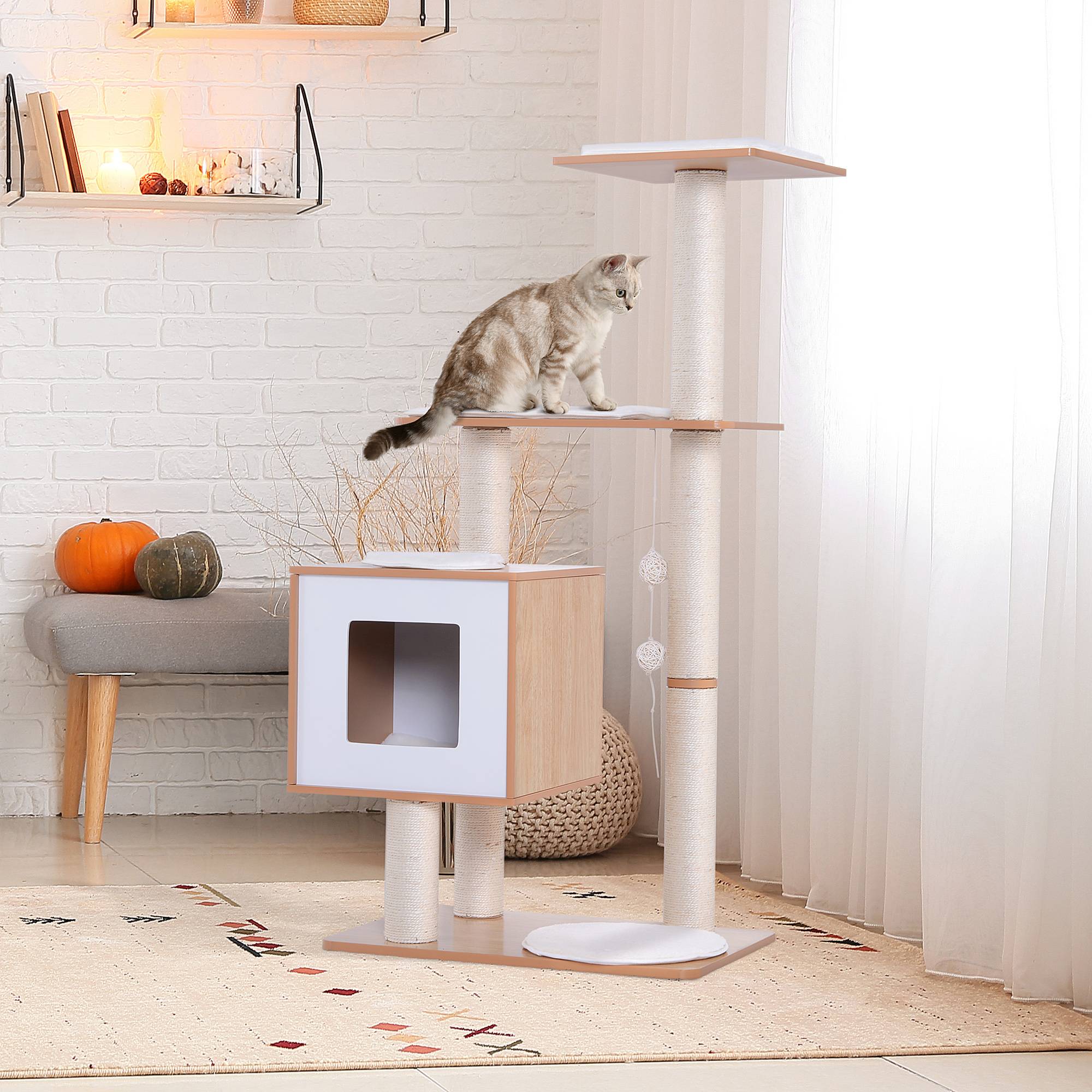 Arbre à chat griffoir bois 71,5x49,5x120 cm tour cachette plateformes griffoirs sisal coussins velours naturel - Image 3
