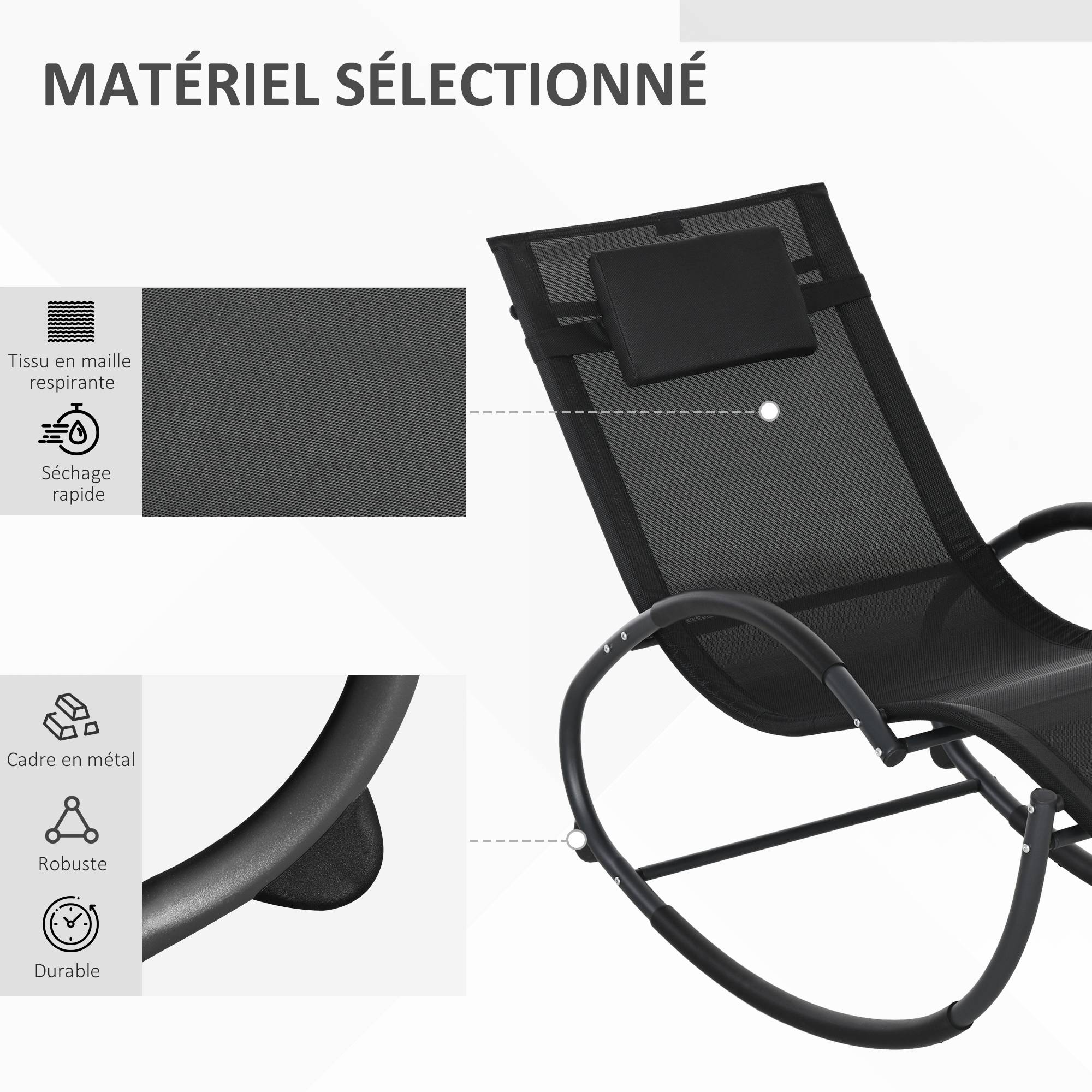 Chaise longue à bascule avec tétière utilisation extérieure intérieure noir - Image 9