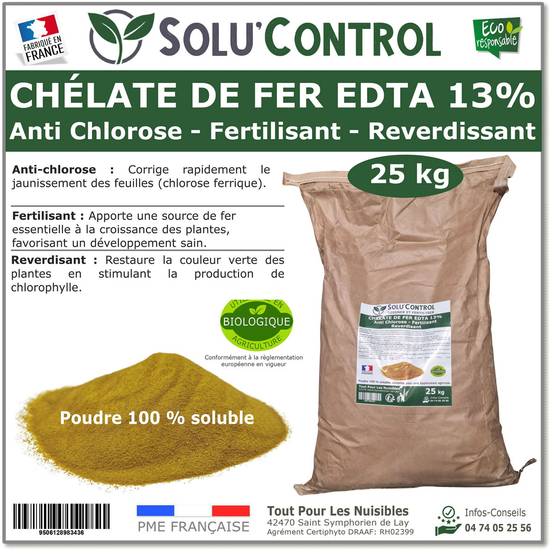 SOLU'CONTROL - Chélate de Fer EDTA 13%, Anti-chlorose, Fertilisant, Reverdissant, 25 kg - Image 1