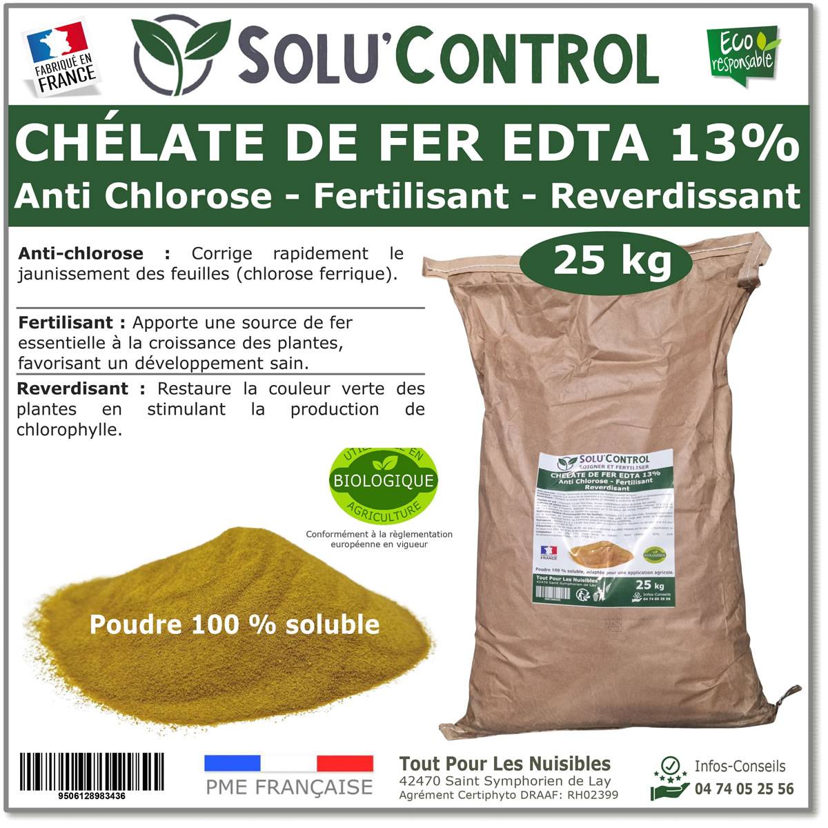 SOLU'CONTROL - Chélate de Fer EDTA 13%, Anti-chlorose, Fertilisant, Reverdissant, 25 kg - Image 1