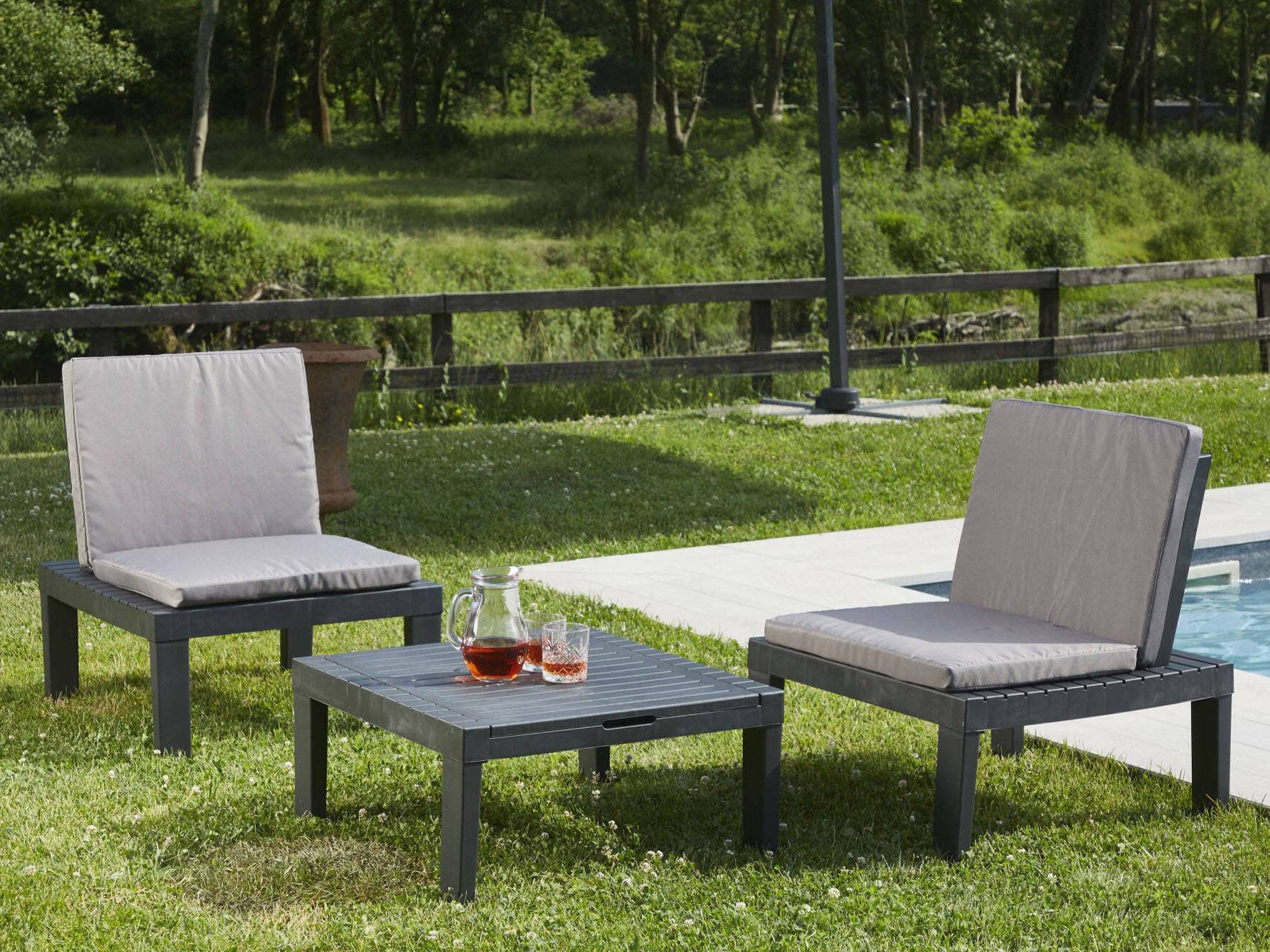 Dmora - Salon d'extérieur Cervia, Composition de jardin avec 2 sièges avec dossier et 1 module multifonction, Lounge avec coussins, Anthracite - Dmora - Imagen 7