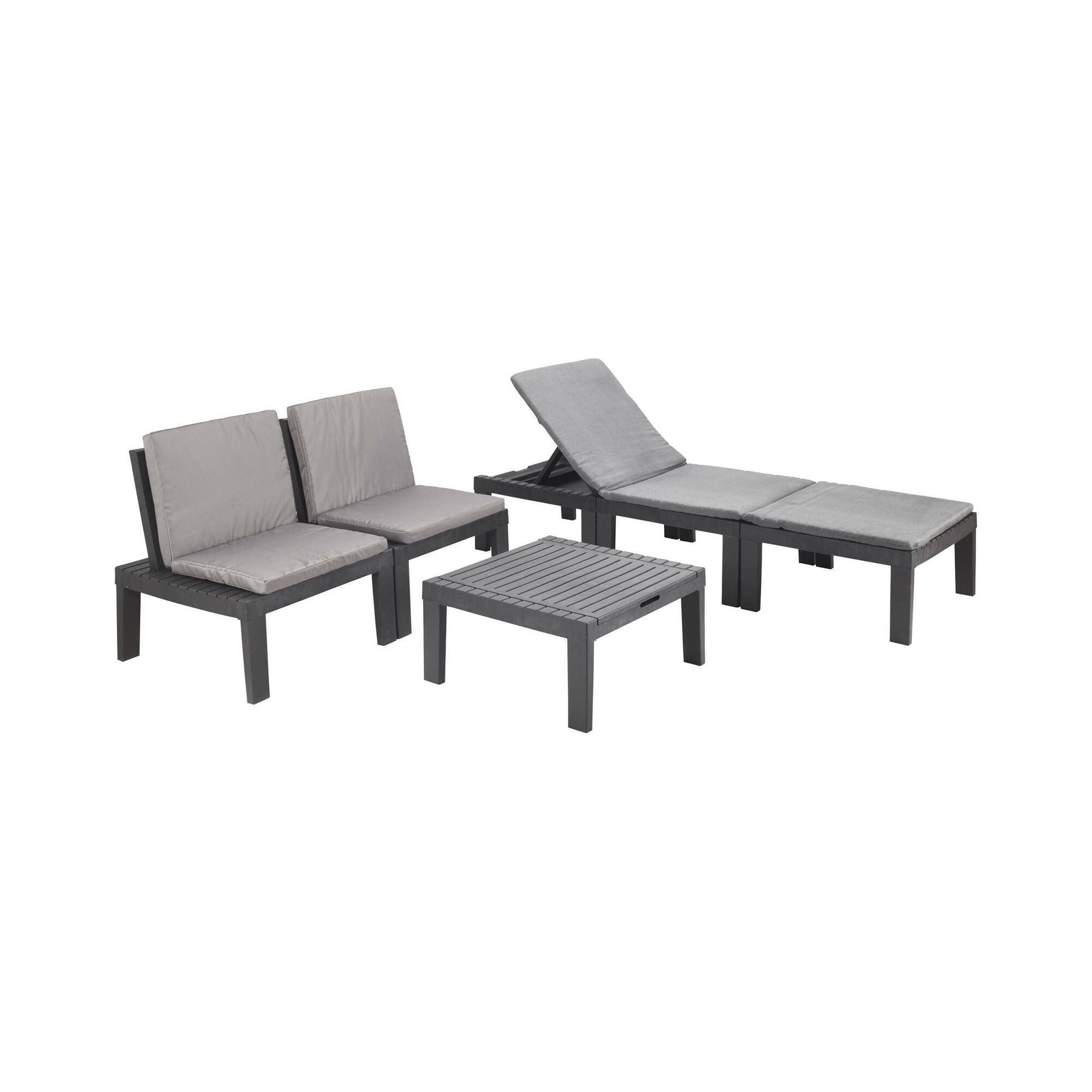 Dmora - Salon d'extérieur Cervia, Composition de jardin avec 2 sièges avec dossier et 1 module multifonction, Lounge avec coussins, Anthracite - Dmora - Imagen 6