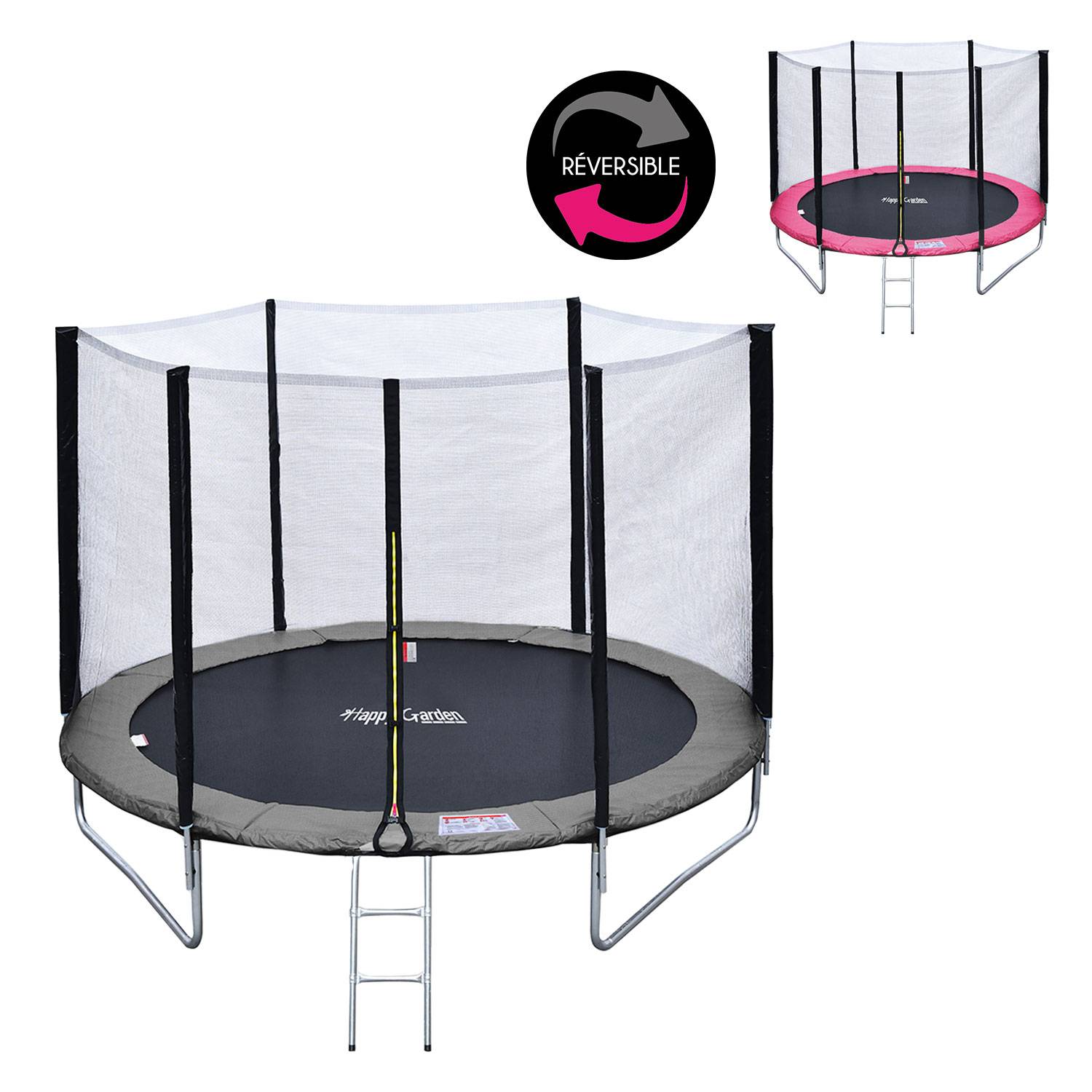 Pack Premium Trampoline 245cm réversible rose / gris CANBERRA + filet, échelle, bâche et kit d'ancrage - HAPPY GARDEN - Imagen 5