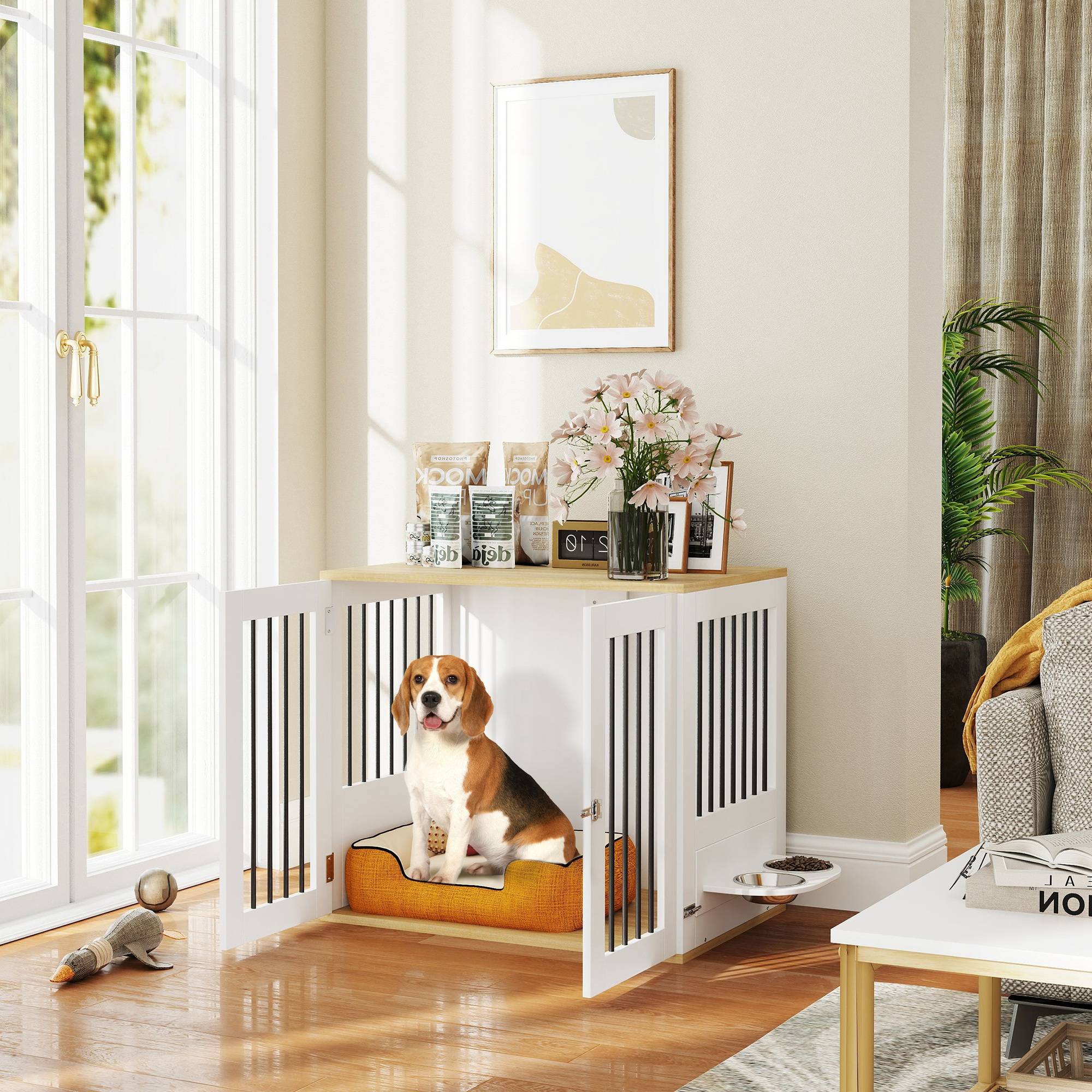 Cage pour chien moyen, table d'appoint, 2 portes, gamelles 360° amovibles, 80x55x71,5cm blanc - Image 3