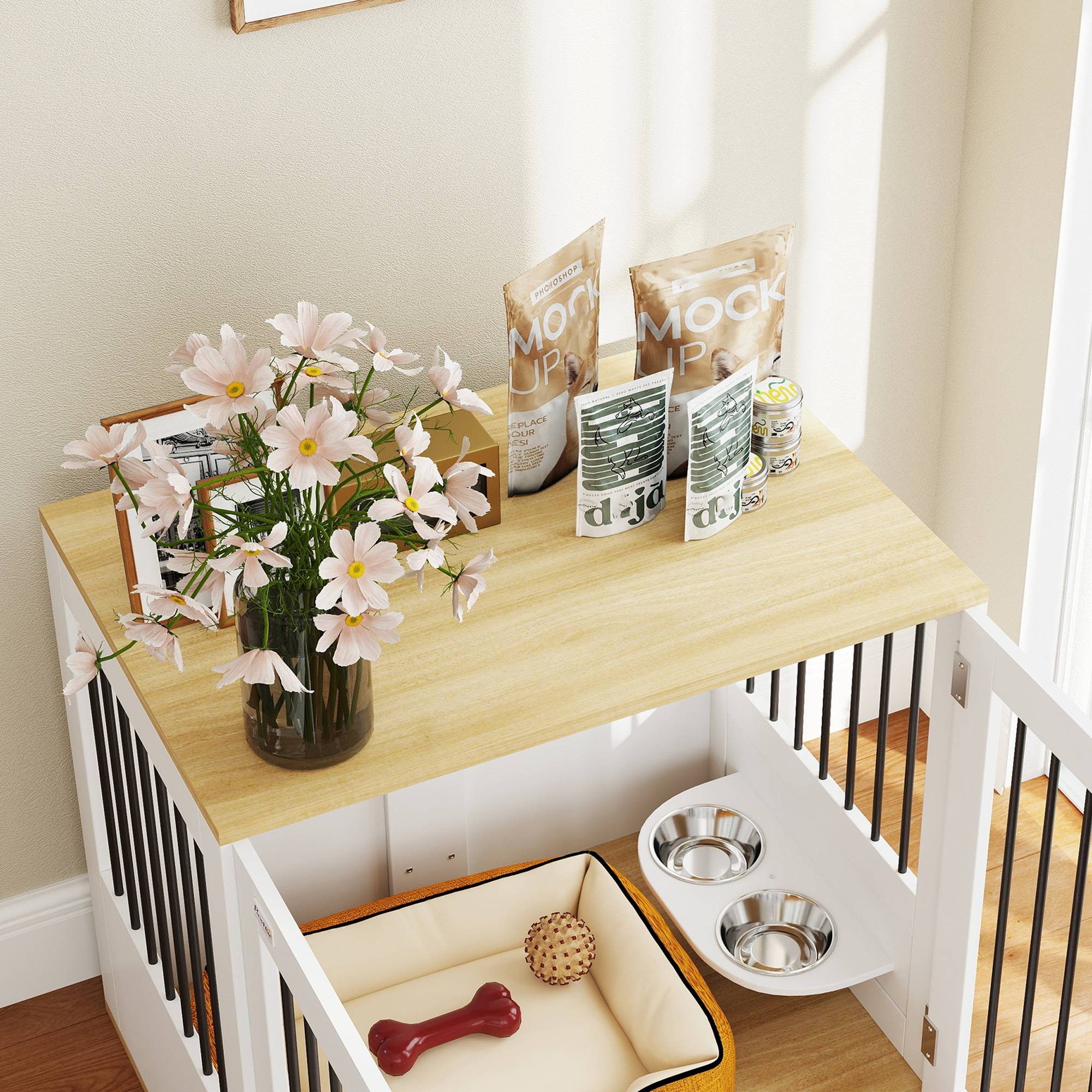 Cage pour chien moyen, table d'appoint, 2 portes, gamelles 360° amovibles, 80x55x71,5cm blanc - Image 10