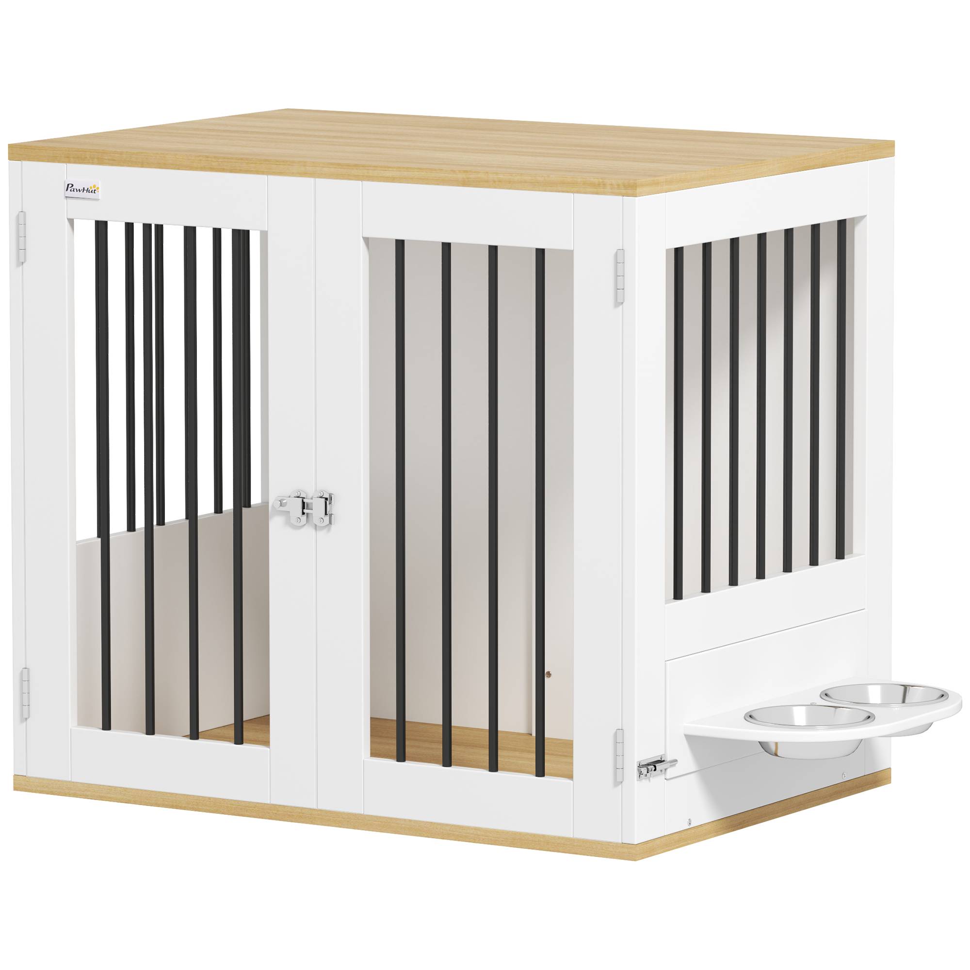 Cage pour chien moyen, table d'appoint, 2 portes, gamelles 360° amovibles, 80x55x71,5cm blanc - Image 1
